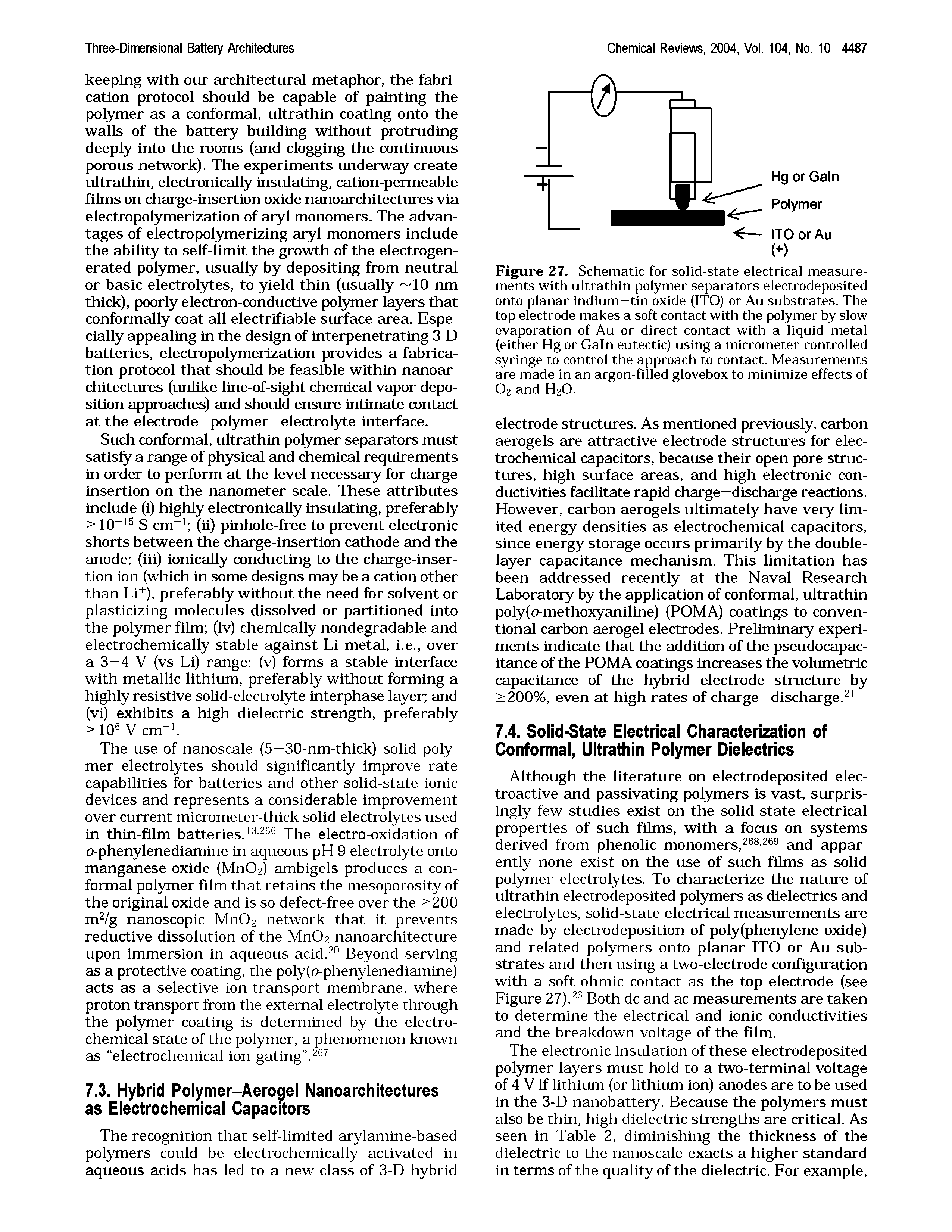 Figure 27. Schematic for solid-state electrical measurements with ultrathin polymer separators electrodeposited onto planar indium—tin oxide (ITO) or Au substrates. The top electrode makes a soft contact with the polymer by slow evaporation of Au or direct contact with a liquid metal (either Hg or Gain eutectic) using a micrometer-controlled syringe to control the approach to contact. Measurements are made in an argon-filled glovebox to minimize effects of O2 and H2O.