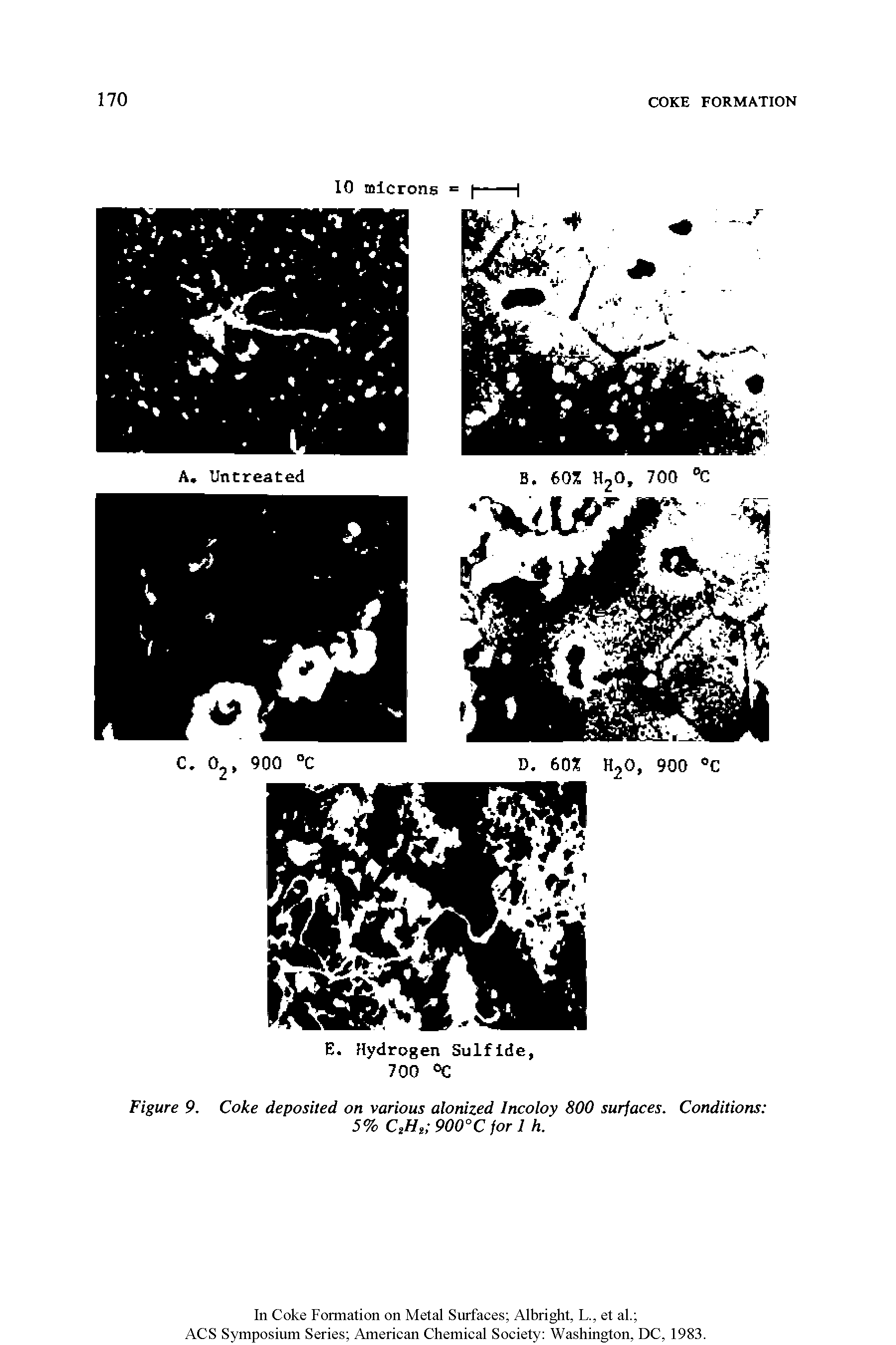 Figure 9. Coke deposited on various alonized Incoloy 800 surfaces. Conditions 5% C2H, 900°C for 1 h.