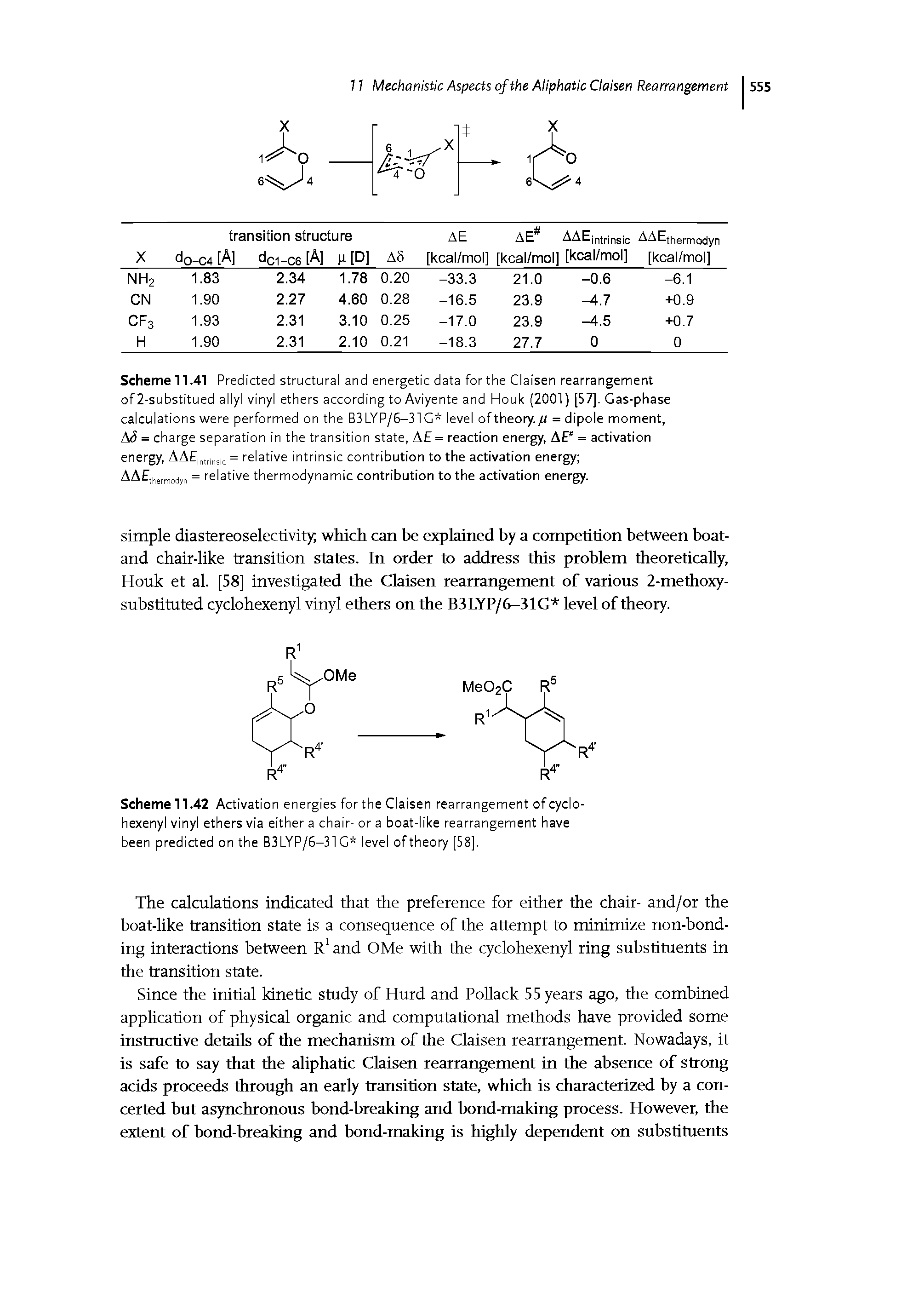 Scheme 11.41 Predicted structural and energetic data for the Claisen rearrangement of 2-substitued allyl vinyl ethers according to Aviyente and Houk (2001) [57], Gas-phase calculations were performed on the B3LYP/5-31G level of theory./< = dipole moment, AS = charge separation in the transition state, A = reaction energy, AE" = activation energy, = relative intrinsic contribution to the activation energy ...