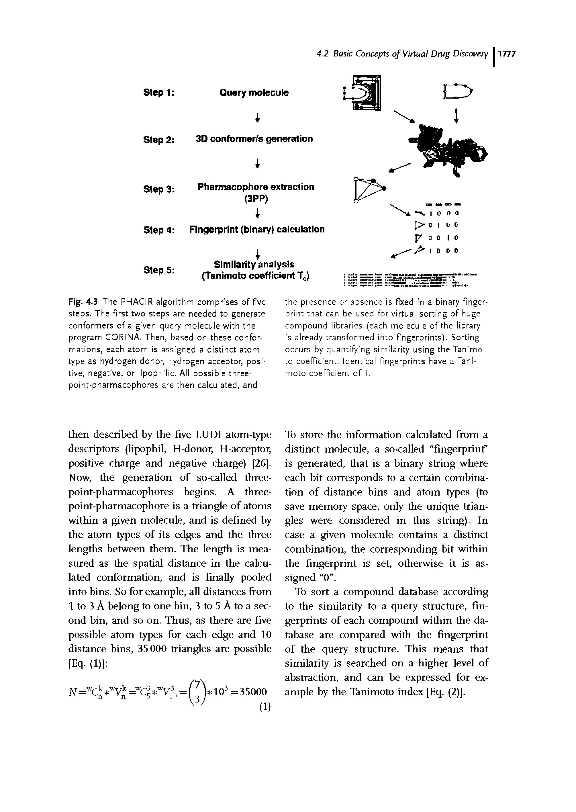 Fig. 4.3 The PHACIR algorithm comprises of five steps. The first two steps are needed to generate conformers of a given query molecule with the program CORINA. Then, based on these conformations, each atom is assigned a distinct atom type as hydrogen donor, hydrogen acceptor, positive, negative, or lipophilic. All possible three-point-pharmacophores are then calculated, and...