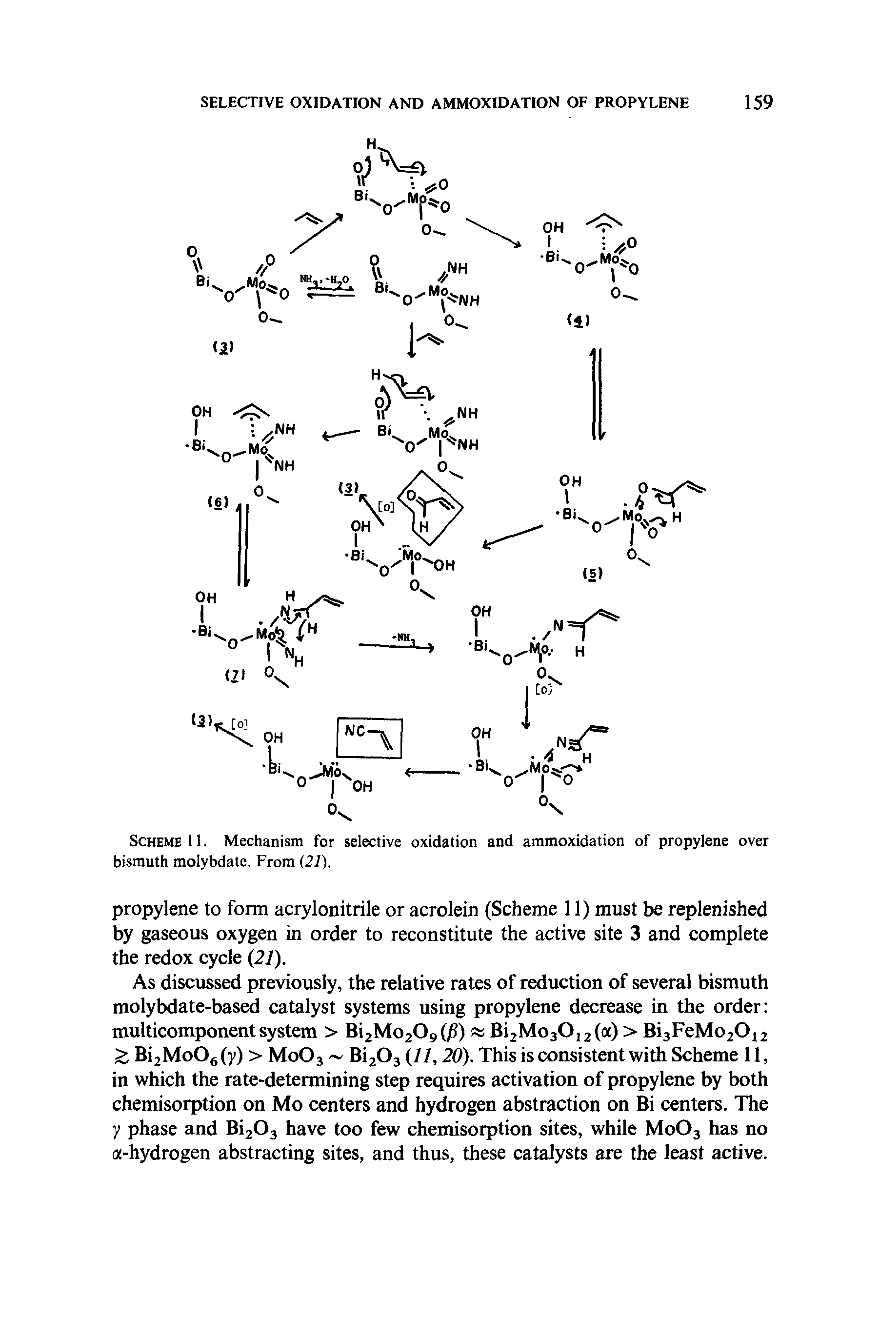 Scheme 11. Mechanism for selective oxidation and ammoxidation of propylene over bismuth molybdate. From (27).