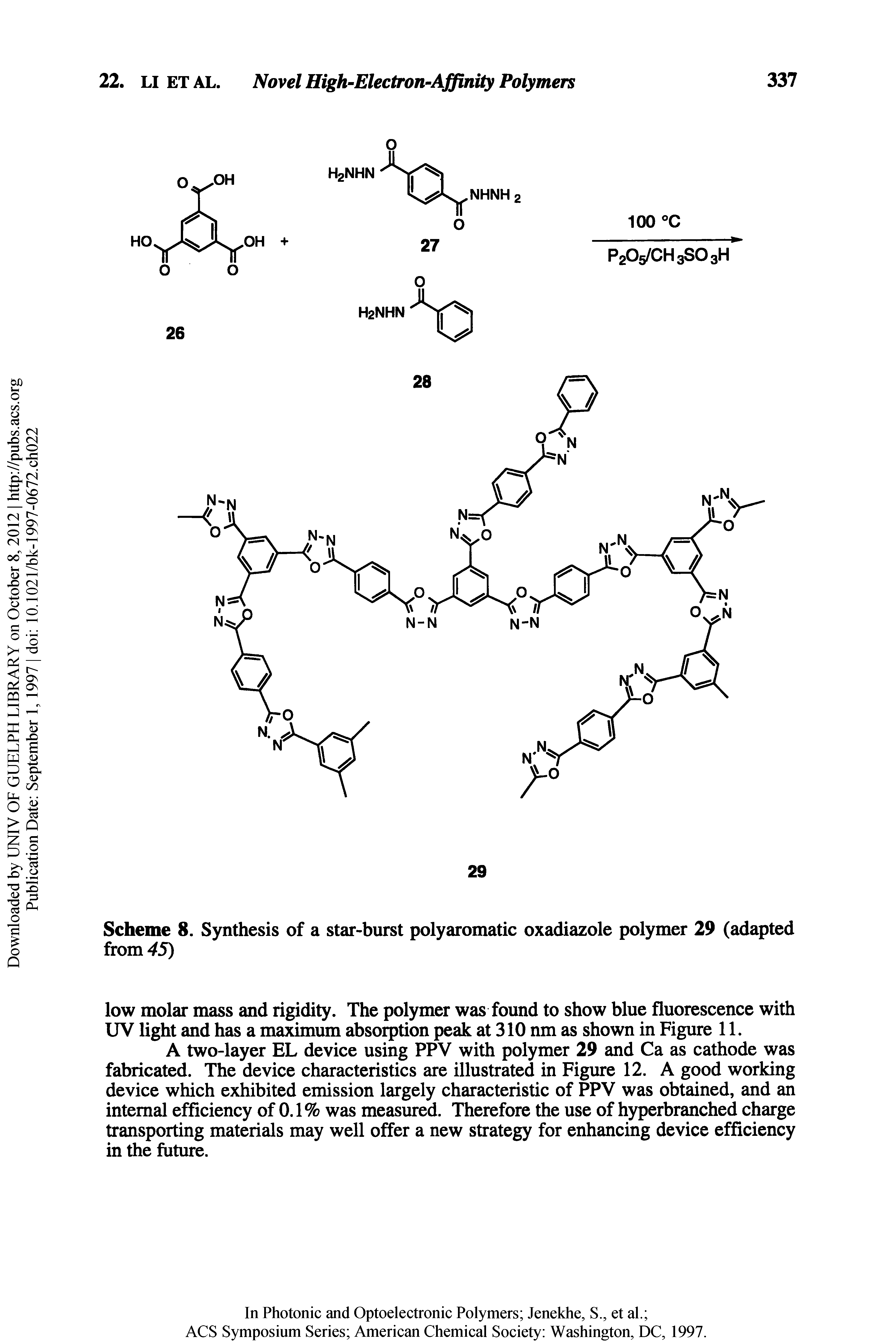 Scheme 8. Synthesis of a star-burst polyaromatic oxadiazole polymer 29 (adapted from 45)...