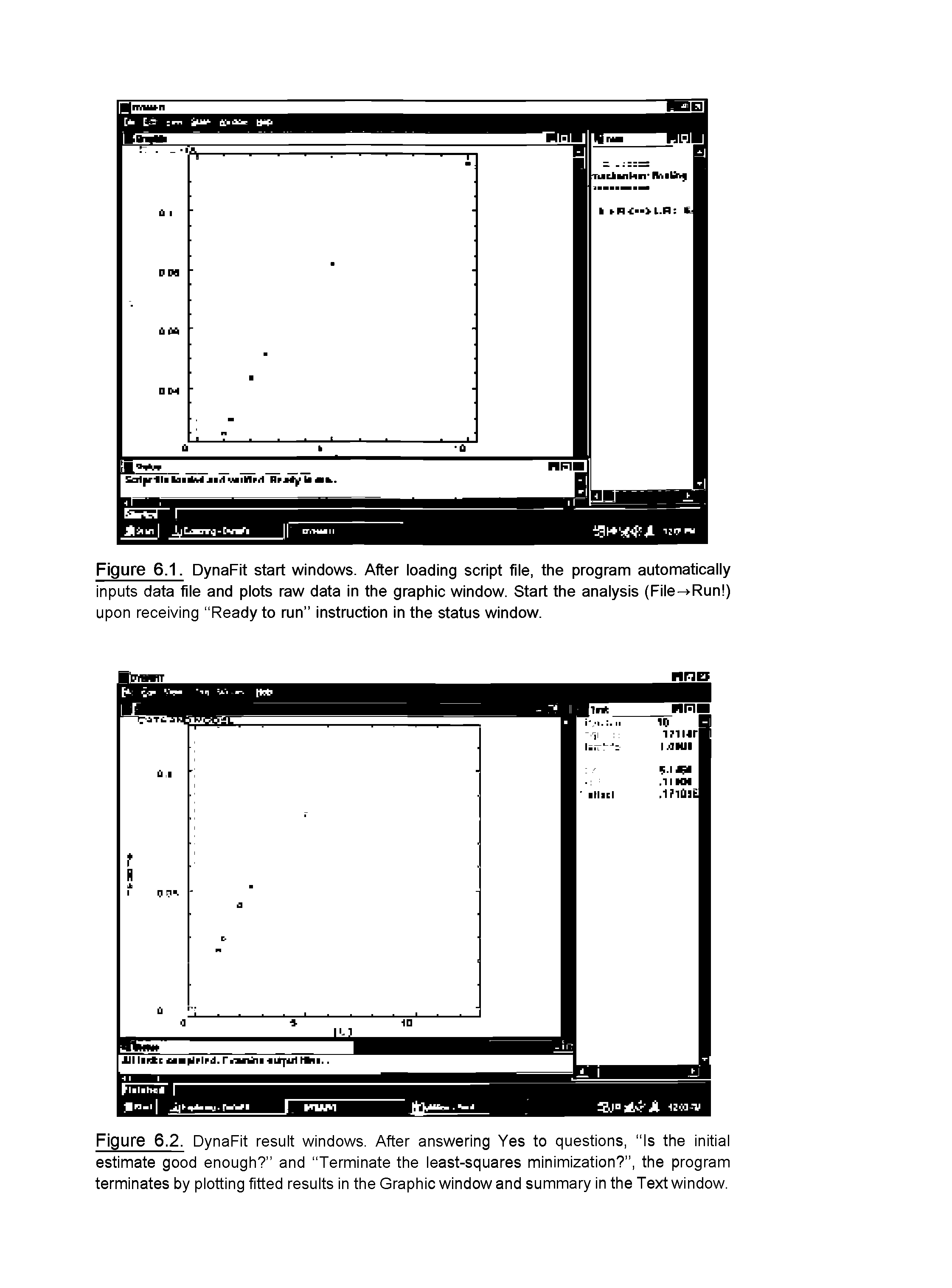 Figure 6.2. DynaFit result windows. After answering Yes to questions, Is the initial estimate good enough and Terminate the least-squares minimization , the program terminates by plotting fitted results in the Graphic window and summary in the Text window.