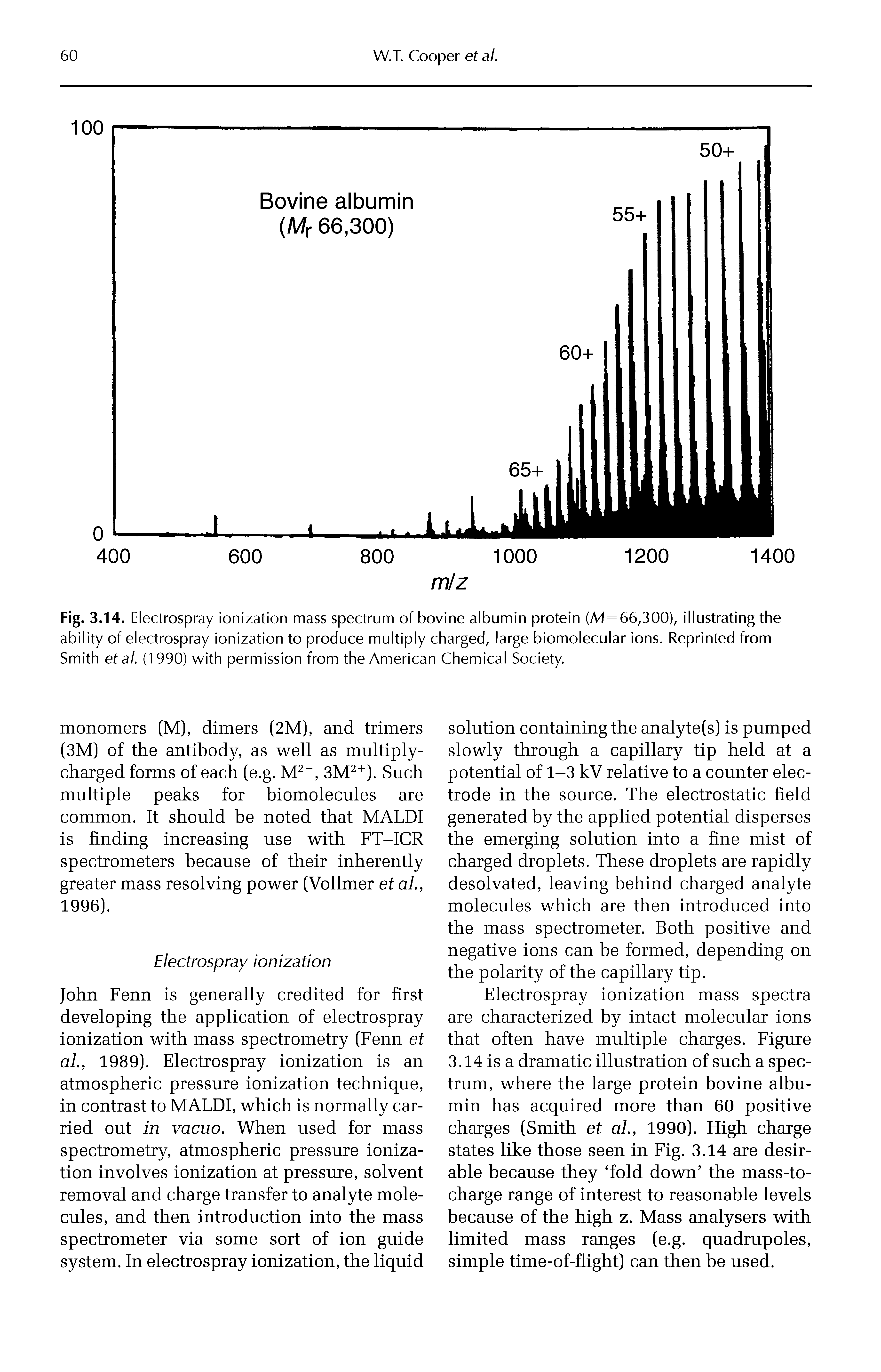 Fig. 3.14. Electrospray ionization mass spectrum of bovine albumin protein (A4= 66,300), illustrating the ability of electrospray ionization to produce multiply charged, large biomolecular ions. Reprinted from Smith et al. (1990) with permission from the American Chemical Society.