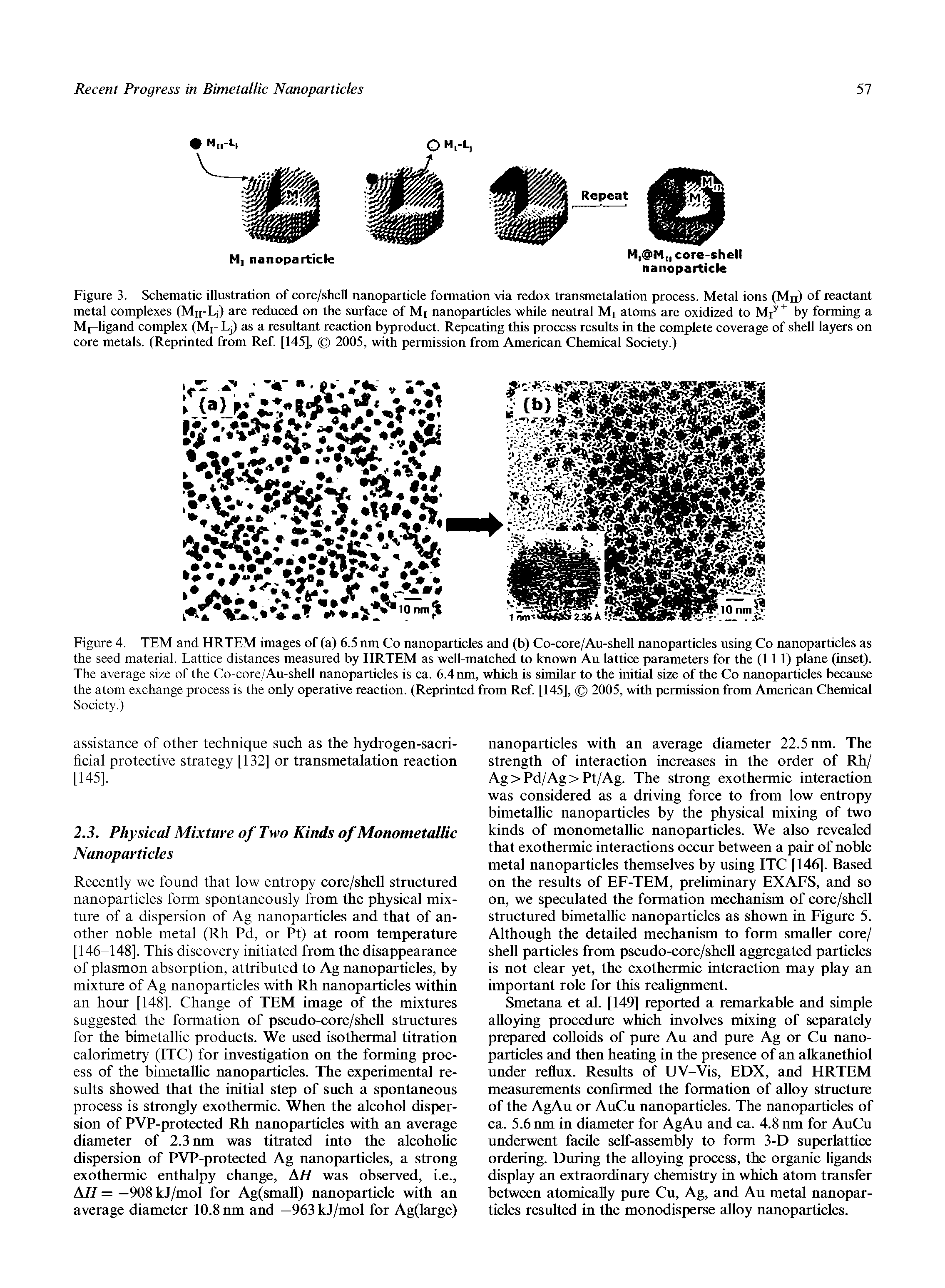 Figure 3. Schematic illustration of core/shell nanoparticle formation via redox transmetalation process. Metal ions (Mu) of reactant metal complexes (Mn-L ) are reduced on the surface of Mi nanoparticles while neutral Mi atoms are oxidized to Mi " by forming a Mi-ligand complex (Mi-Lj) as a resultant reaction byproduct. Repeating this process results in the complete coverage of shell layers on core metals. (Reprinted from Ref [145], 2005, with permission from American Chemical Society.)...