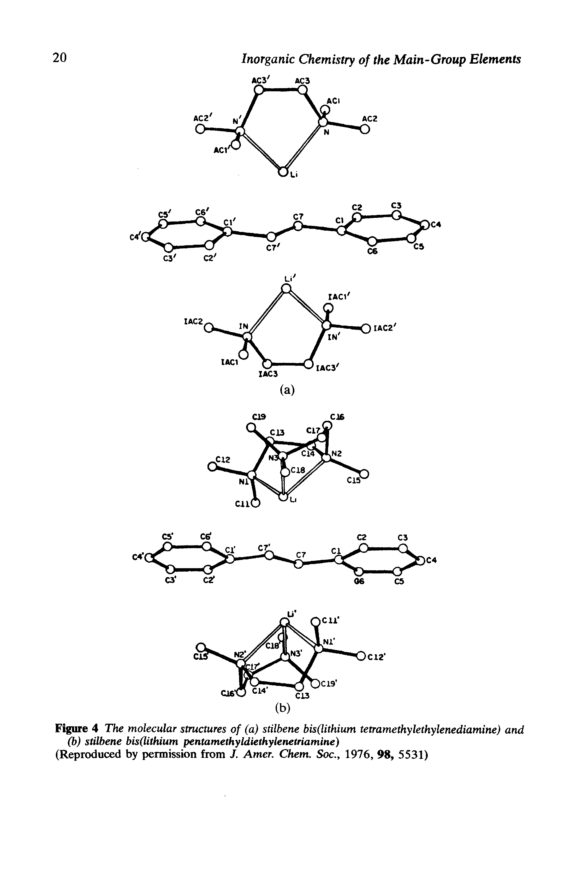 Figure 4 The molecular structures of (a) stilbene bis(lithium tetramethylethylenediamine) and (b) stiUiene bis(lithium pentamethyldiethylenetriamine)...