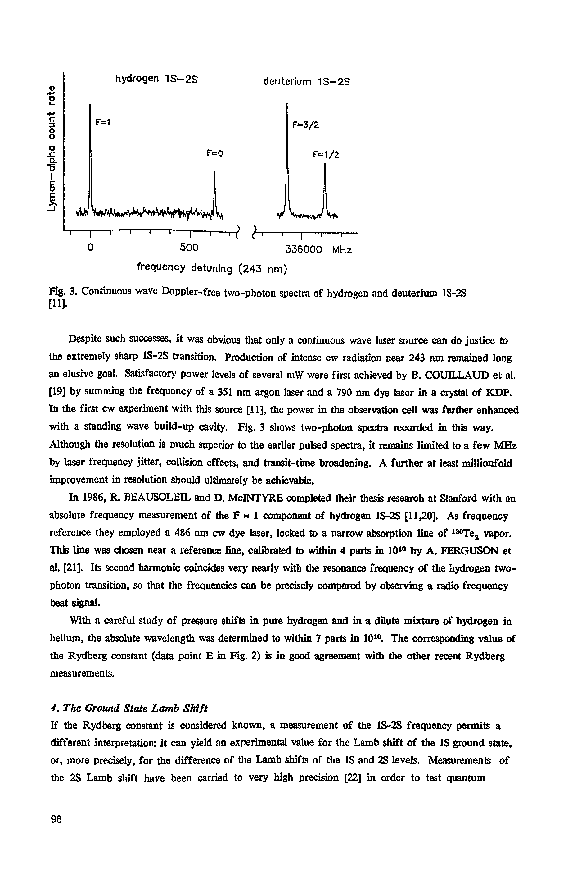 Fig. 3. Continuous wave Doppler-free two-photon spectra of hydrogen and deuterium 1S-2S [11].