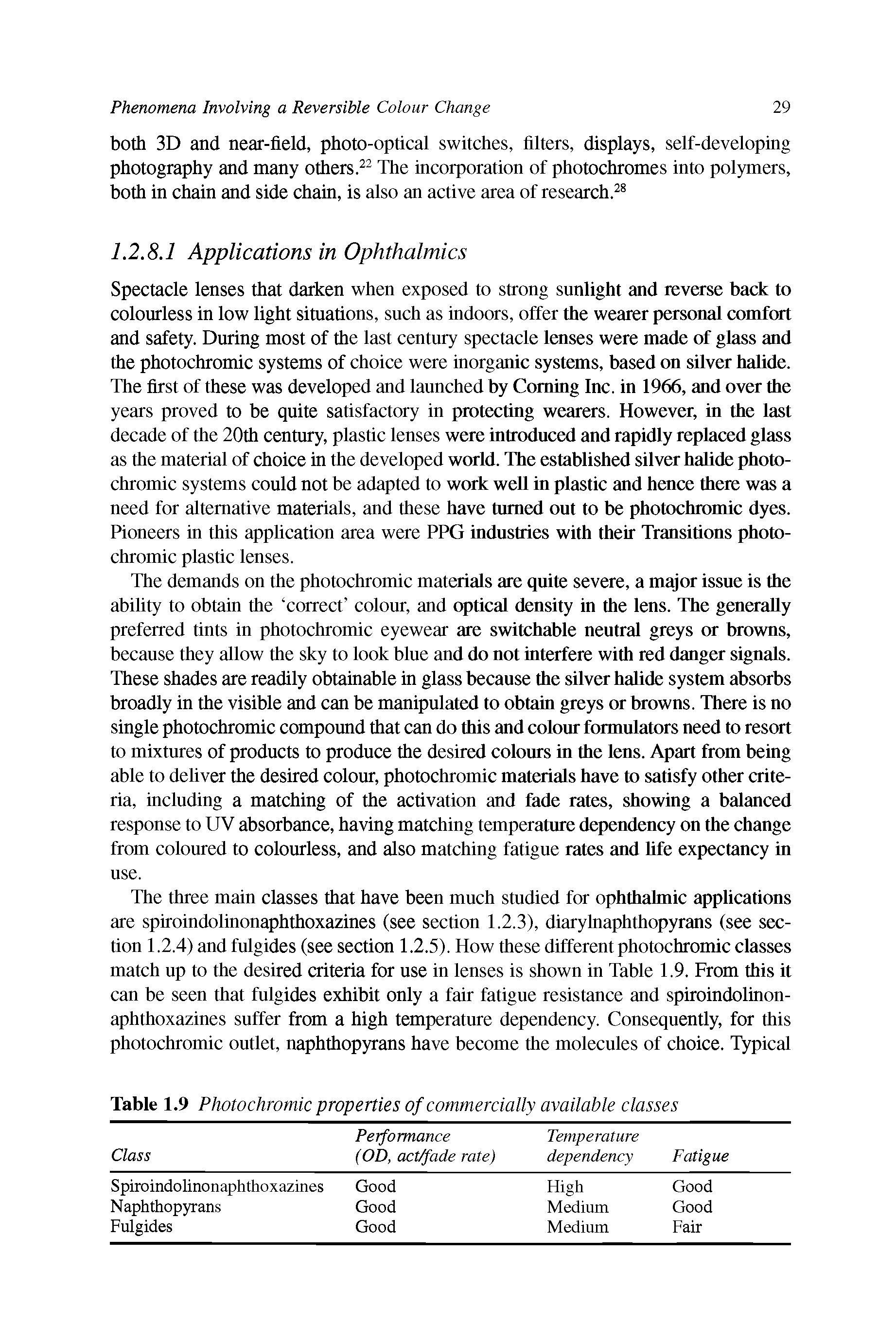 Table 1.9 Photochromic properties of commercially available classes...