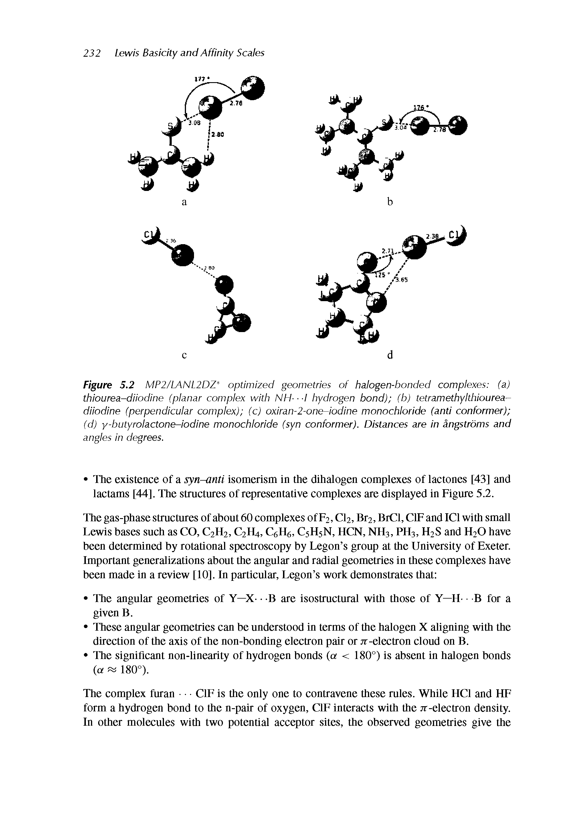 Figure 5,2 MP2/LANL2DZ optimized geometnes of halogen-bonded complexes (a) thIourea-diiodine (planar complex with NH---I hydrogen bond) (b) tetramethylthiourea-diiodine (perpendicular complex) (c) oxlran-2-one-lodlne monochloride (anti conformer) (d) y-butyrolactone-iodine monochloride (syn conformer). Distances are in angstroms and...
