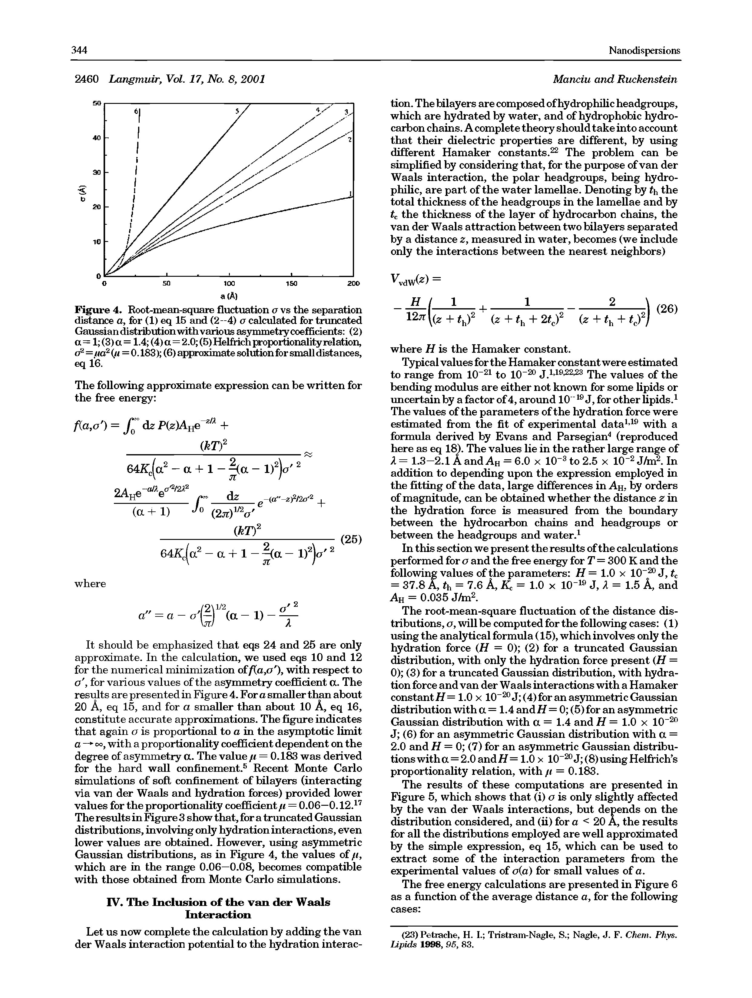 Figure 4. Root-mean-square fluctuation a vs the separation distance a, for (1) eq 15 and (2-4) a calculated for truncated Gaussian distribution with various asymmetrycoefficients (2) a = 1 (3) a = 1.4 (4) a = 2.0 (5) HelMch proportionality relation, a2=tta2 (ii = 0.183) (6) approximate solution for small distances, eq 16.