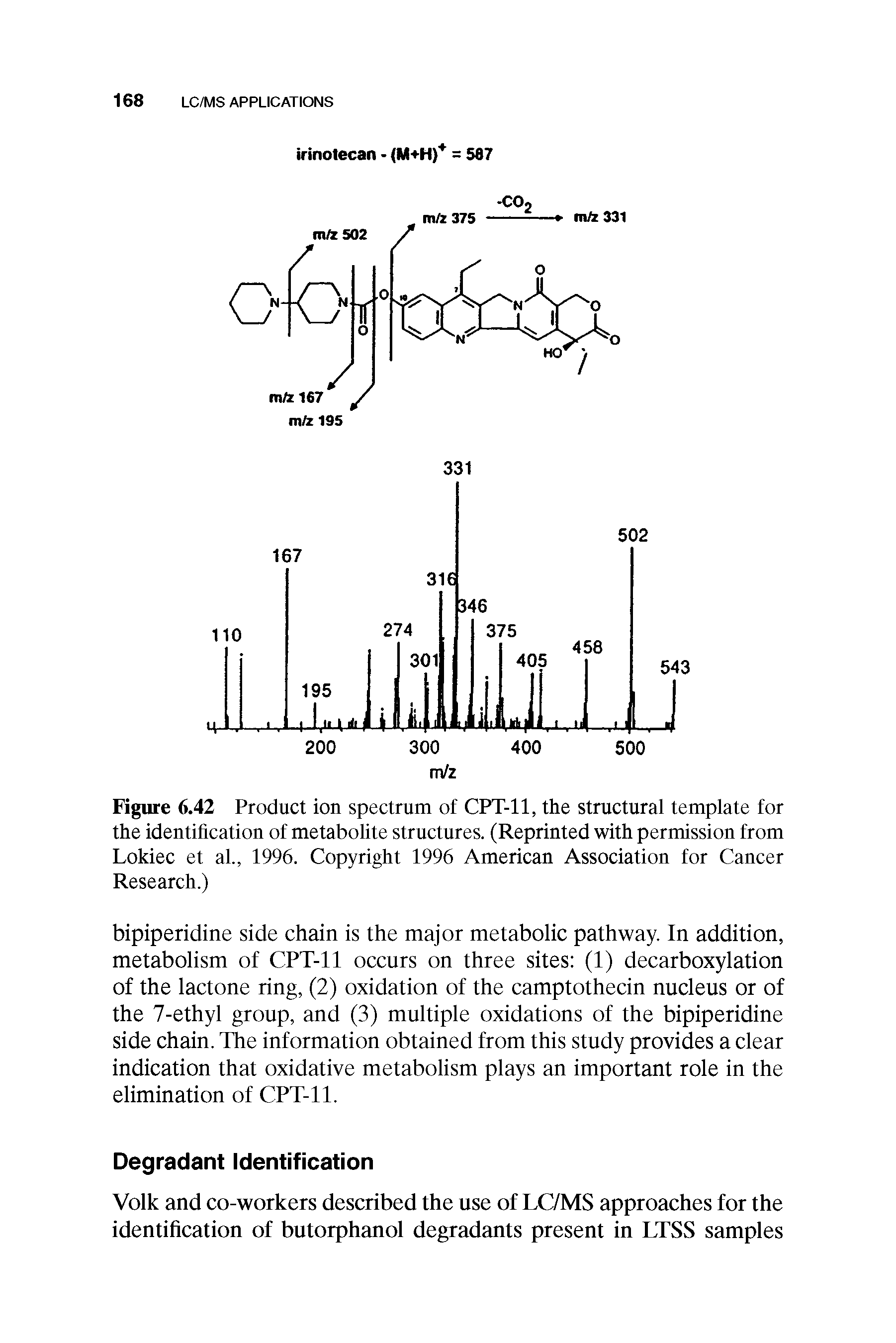 Figure 6.42 Product ion spectrum of CPT-11, the structural template for the identification of metabolite structures. (Reprinted with permission from Lokiec et al., 1996. Copyright 1996 American Association for Cancer Research.)...