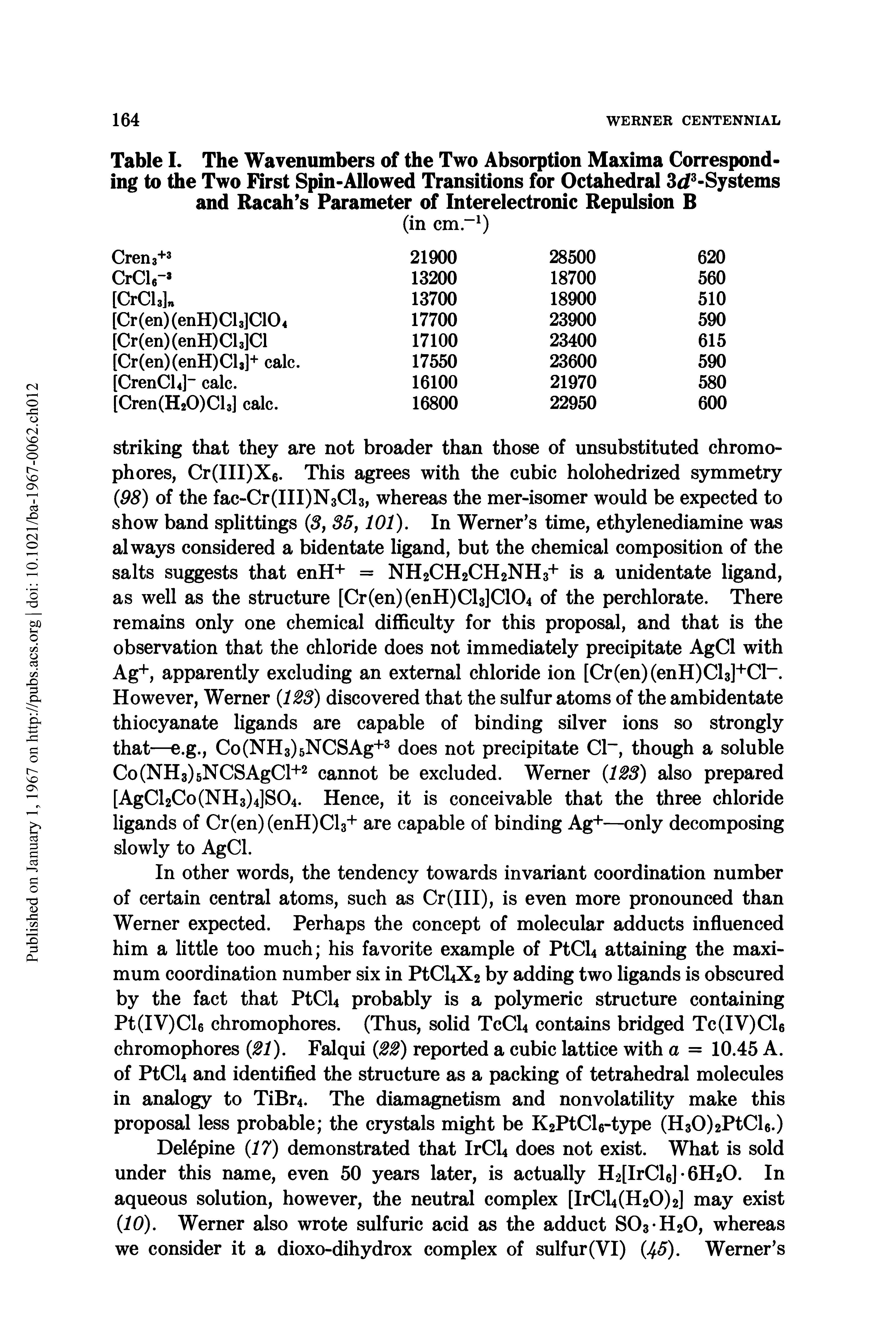 Table I. The Wavenumbers of the Two Absorption Maxima Corresponding to the Two First Spin-Allowed Transitions for Octahedral 3<f -Systems and Racah s Parameter of Interelectronic Repulsion B...