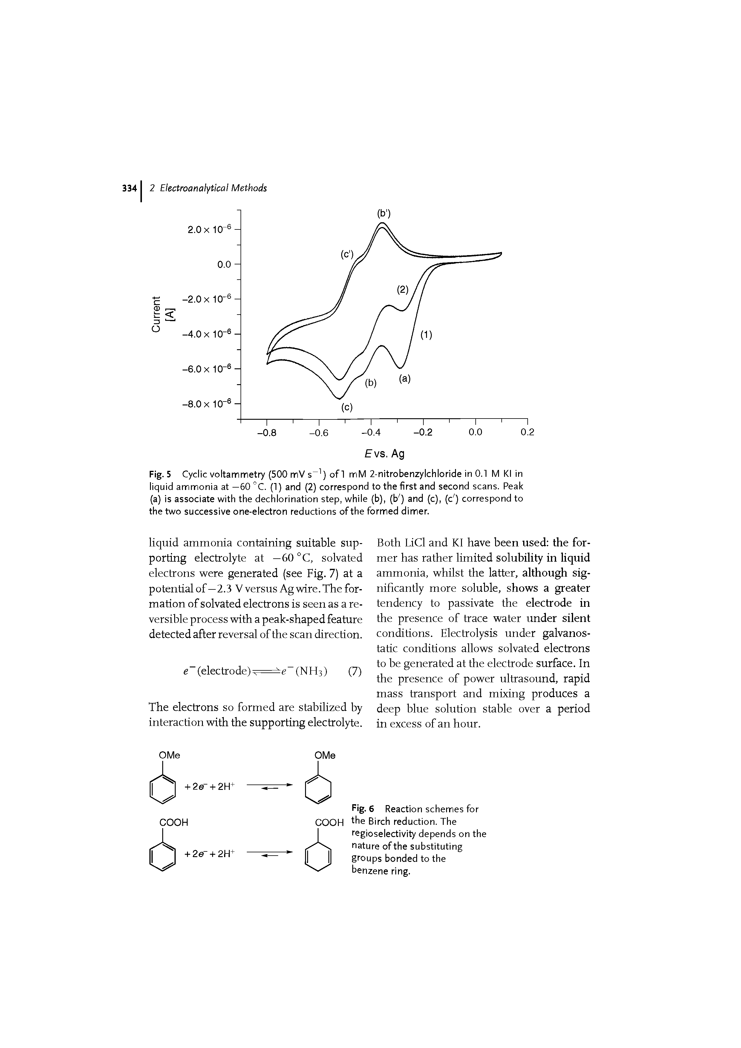 Fig. 5 Cyclic voltammetry (500 mV s ) of 1 mM 2-nitrobenzylchloride in 0.1 M Klin liquid ammonia at —60 °C. (1) and (2) correspond to the first and second scans. Peak (a) is associate with the dechlorination step, while (b), (b ) and (c), (c ) correspond to the two successive one-electron reductions of the formed dimer.