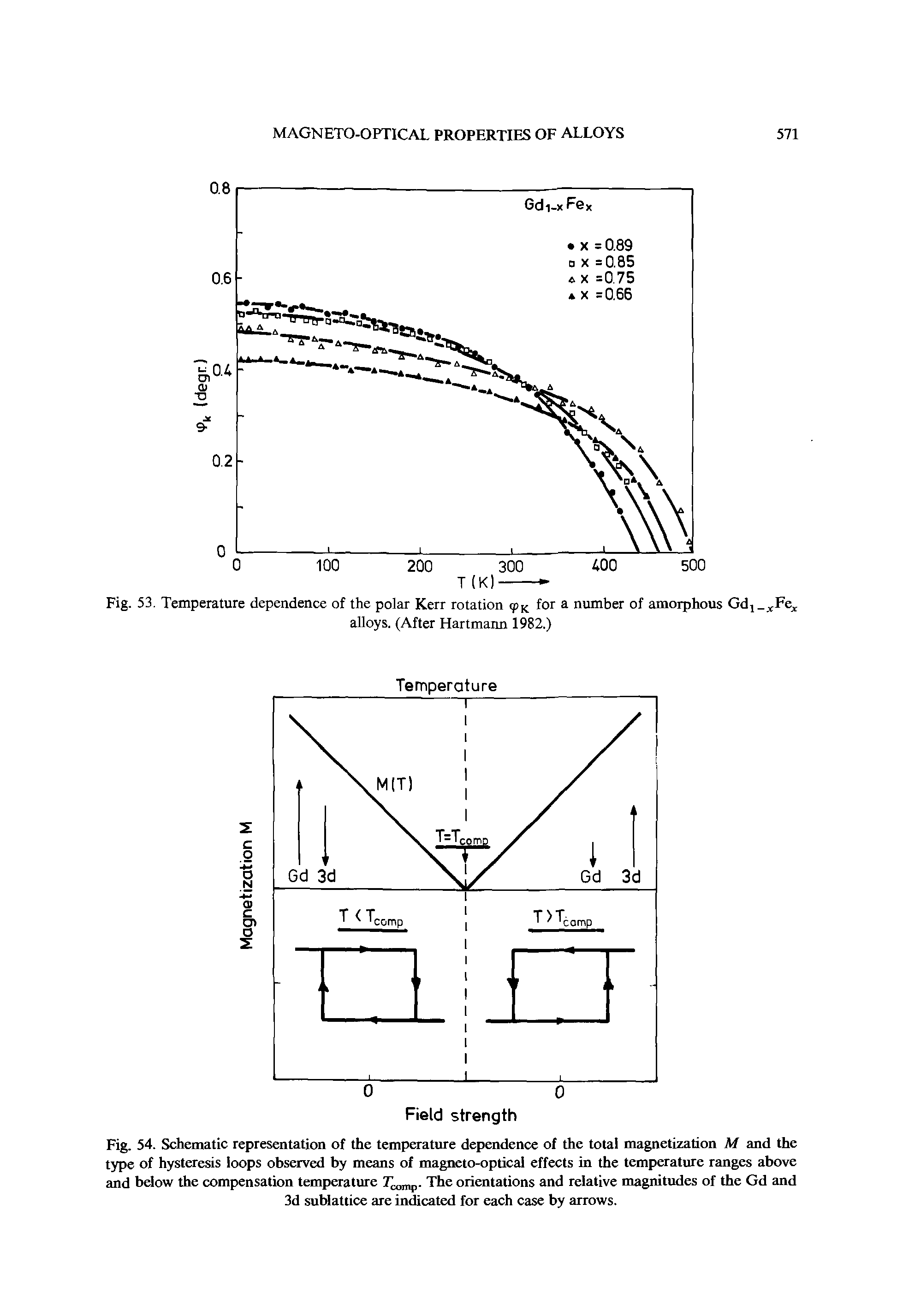 Fig. 54. Schematic representation of the temperature dependence of the total magnetization M and the type of hysteresis loops observed by means of magneto-optical effects in the temperature ranges above and below the compensation temperature Tcamp. The orientations and relative magnitudes of the Gd and 3d sublattice are indicated for each case by arrows.