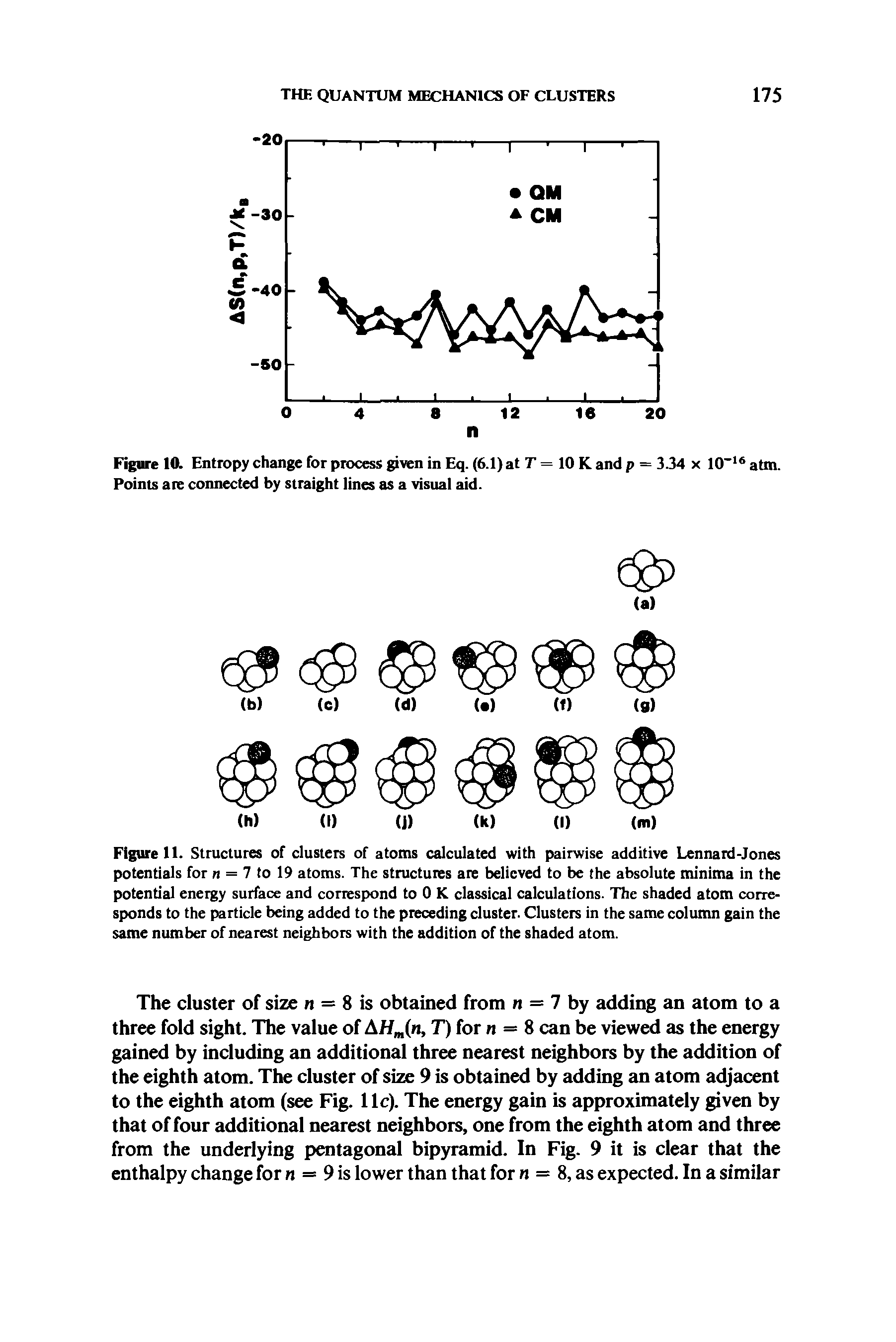 Figure 11. Structures of clusters of atoms calculated with pairwise additive Lennard-Jones potentials for n = 7 to 19 atoms. The structures are believed to be the absolute minima in the potential energy surface and correspond to 0 K classical calculations. The shaded atom corresponds to the particle being added to the preceding cluster. Clusters in the same column gain the same number of nearest neighbors with the addition of the shaded atom.