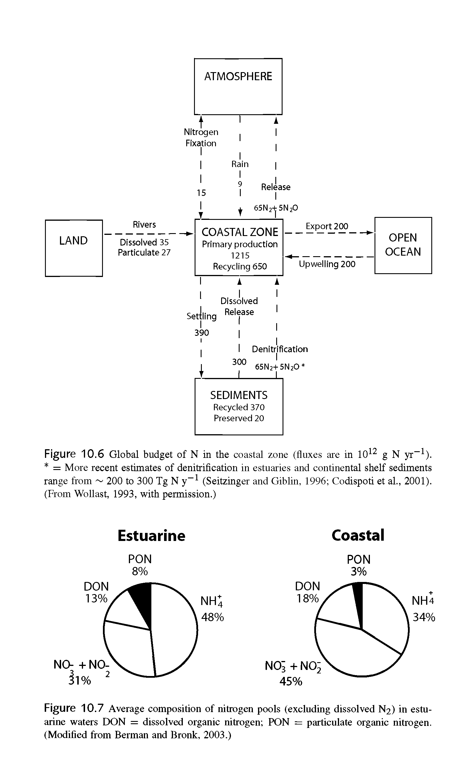 Figure 10.6 Global budget of N in the coastal zone (fluxes are in 1012 g N yr 1). = More recent estimates of denitrification in estuaries and continental shelf sediments range from 200 to 300 Tg N y-1 (Seitzinger and Giblin, 1996 Codispoti et al., 2001). (From Wollast, 1993, with permission.)...