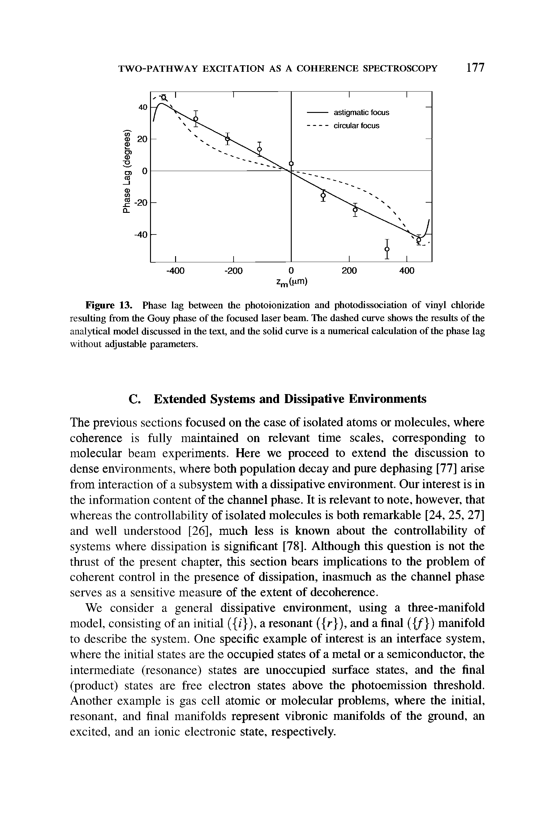 Figure 13. Phase lag between the photoionization and photodissociation of vinyl chloride resulting from the Gouy phase of the focused laser beam. The dashed curve shows the results of the analytical model discussed in the text, and the solid curve is a numerical calculation of the phase lag without adjustable parameters.