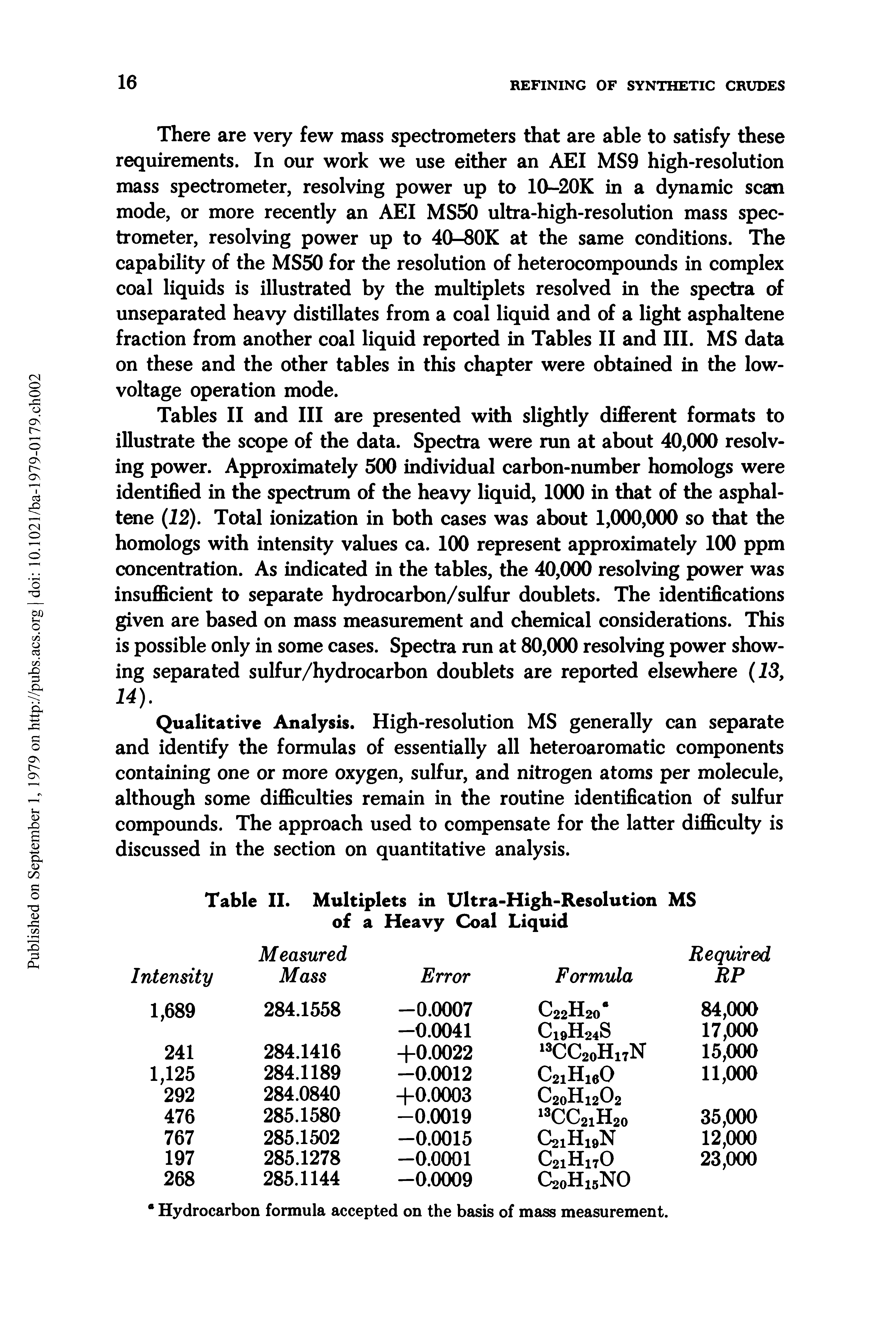 Tables II and III are presented with slightly different formats to illustrate the scope of the data. Spectra were run at about 40,000 resolving power. Approximately 500 individual carbon-number homologs were identified in the spectrum of the heavy liquid, 1000 in that of the asphaltene (12). Total ionization in both cases was about 1,000,000 so that the homologs with intensity values ca. 100 represent approximately 100 ppm concentration. As indicated in the tables, the 40,000 resolving power was insufficient to separate hydrocarbon/sulfur doublets. The identifications given are based on mass measurement and chemical considerations. This is possible only in some cases. Spectra run at 80,000 resolving power showing separated sulfur/hydrocarbon doublets are reported elsewhere (13, 14).