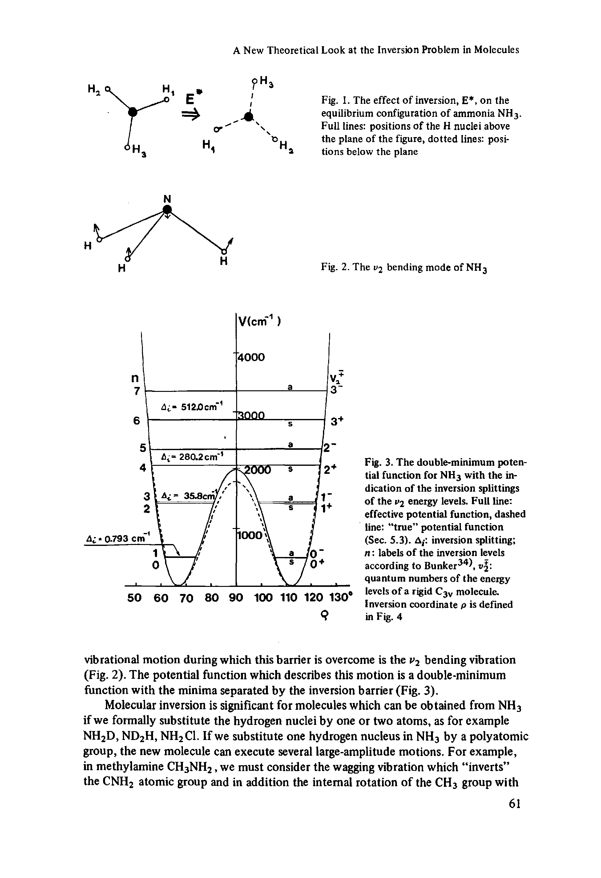 Fig. 3. The double-minimum potential function for NH3 with the indication of the inversion splittings of the i 2 energy levels. Full line effective potential function, dashed line true" potential function (Sec. 5.3). A,- inversion splitting n labels of the inversion levels according to Bunker, v -quantum numbers of the energy levels of a rigid C3V molecule. Inversion coordinate p is defined in Fig. 4...