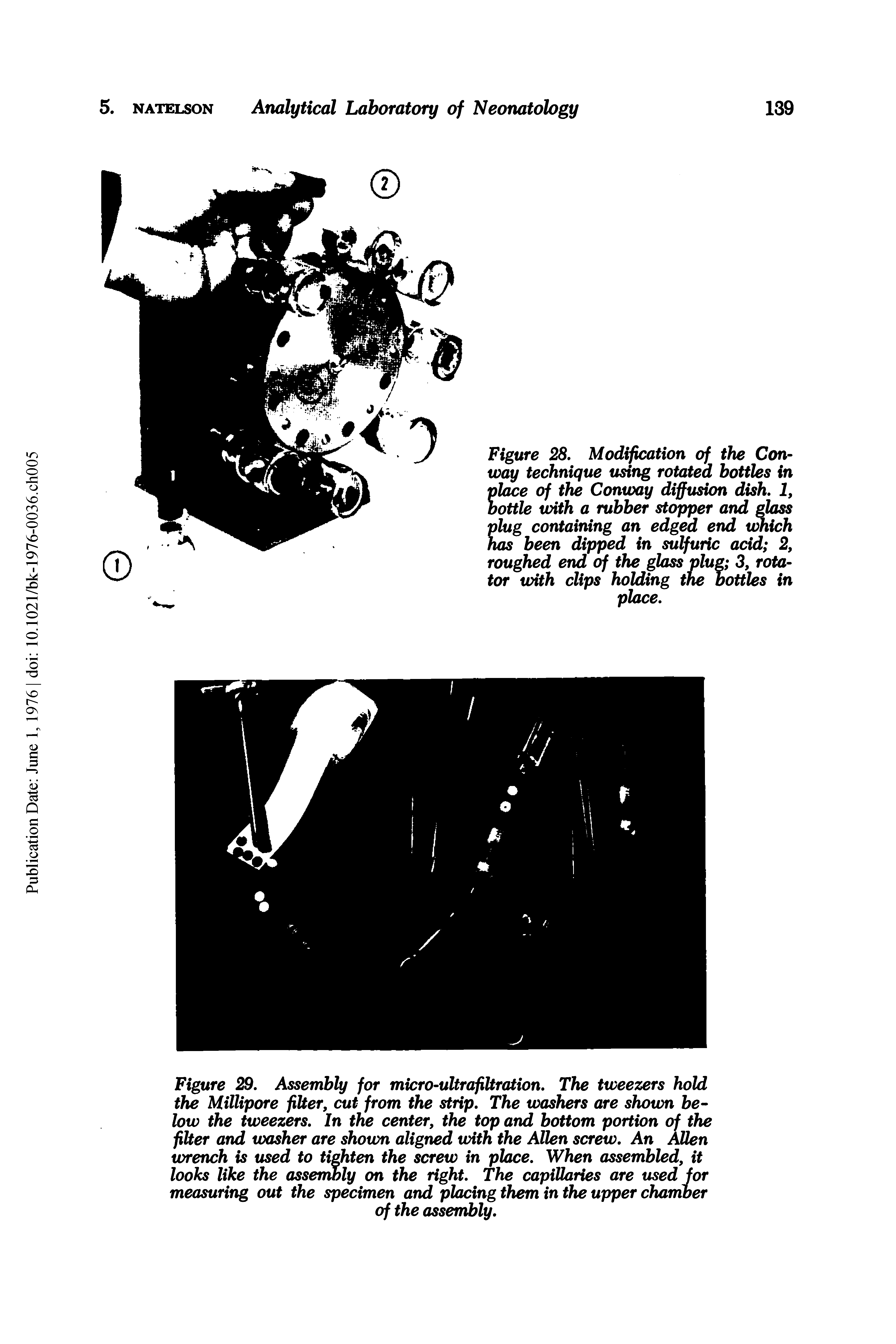 Figure 28, Modification of the Conway technique using rotated bottles in pkwe of the Conway diffusion dish, 1, bottle with a rubber stopper and glass plug containing an edged end which has been dipped in sulfuric acid 2, roughed end of the glass plug 3, rotator with clips holding the bottles in place.