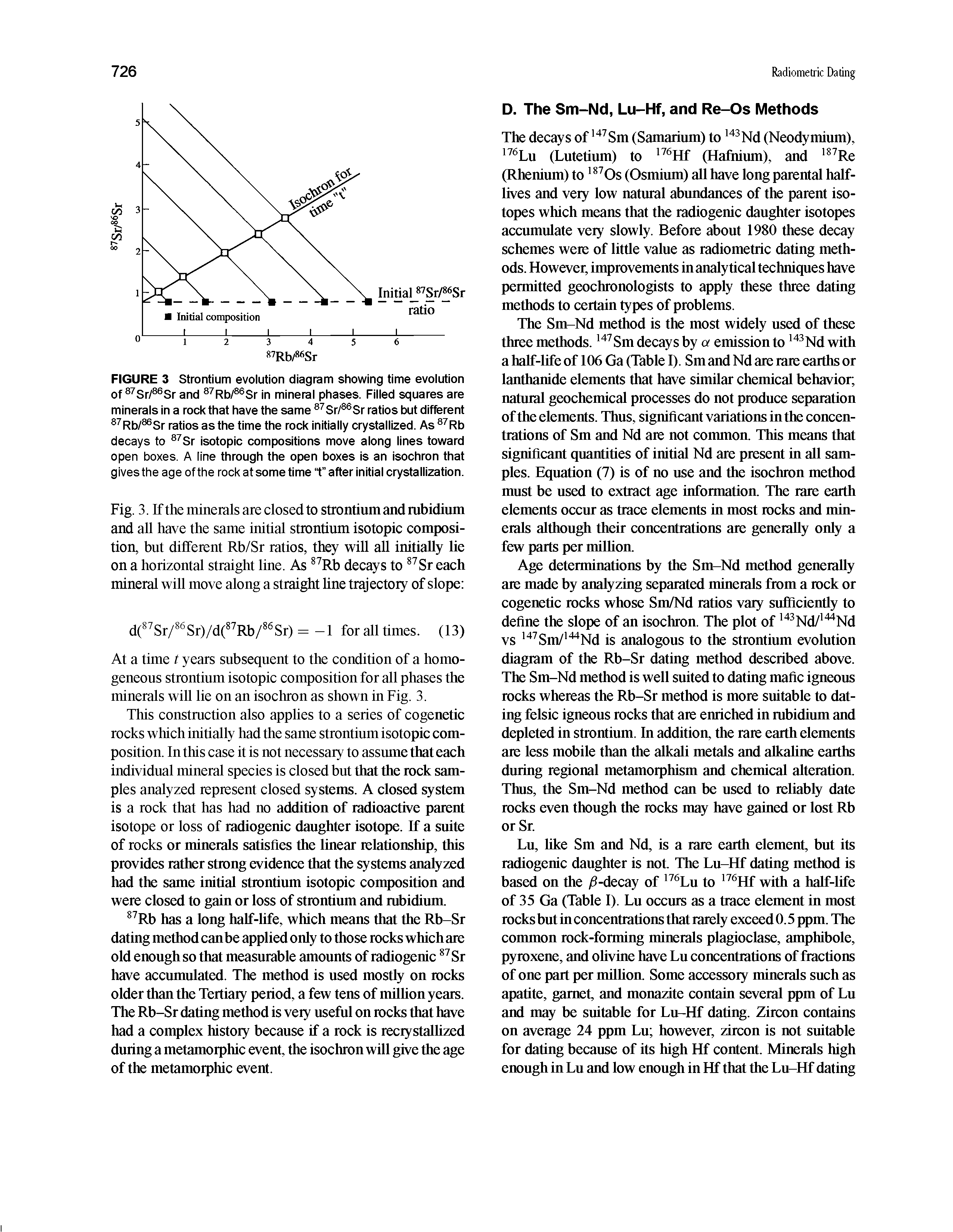 Fig. 3. If the minerals are closed to strontium and rubidium and all have the same initial strontium isotopic composition, but different Rb/Sr ratios, they will all initially lie on a horizontal straight line. As Rb decays to Sr each mineral will move along a straight line trajectory of slope ...