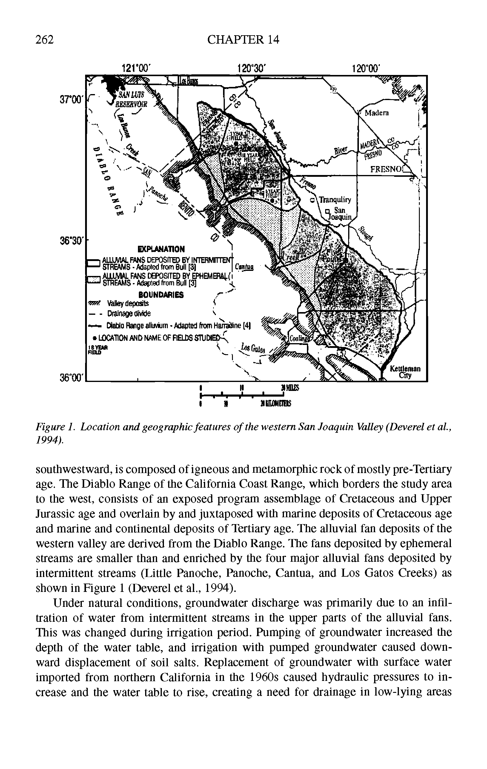 Figure 1. Location and geographic features of the western San Joaquin Valley (Deverel et al., 1994).