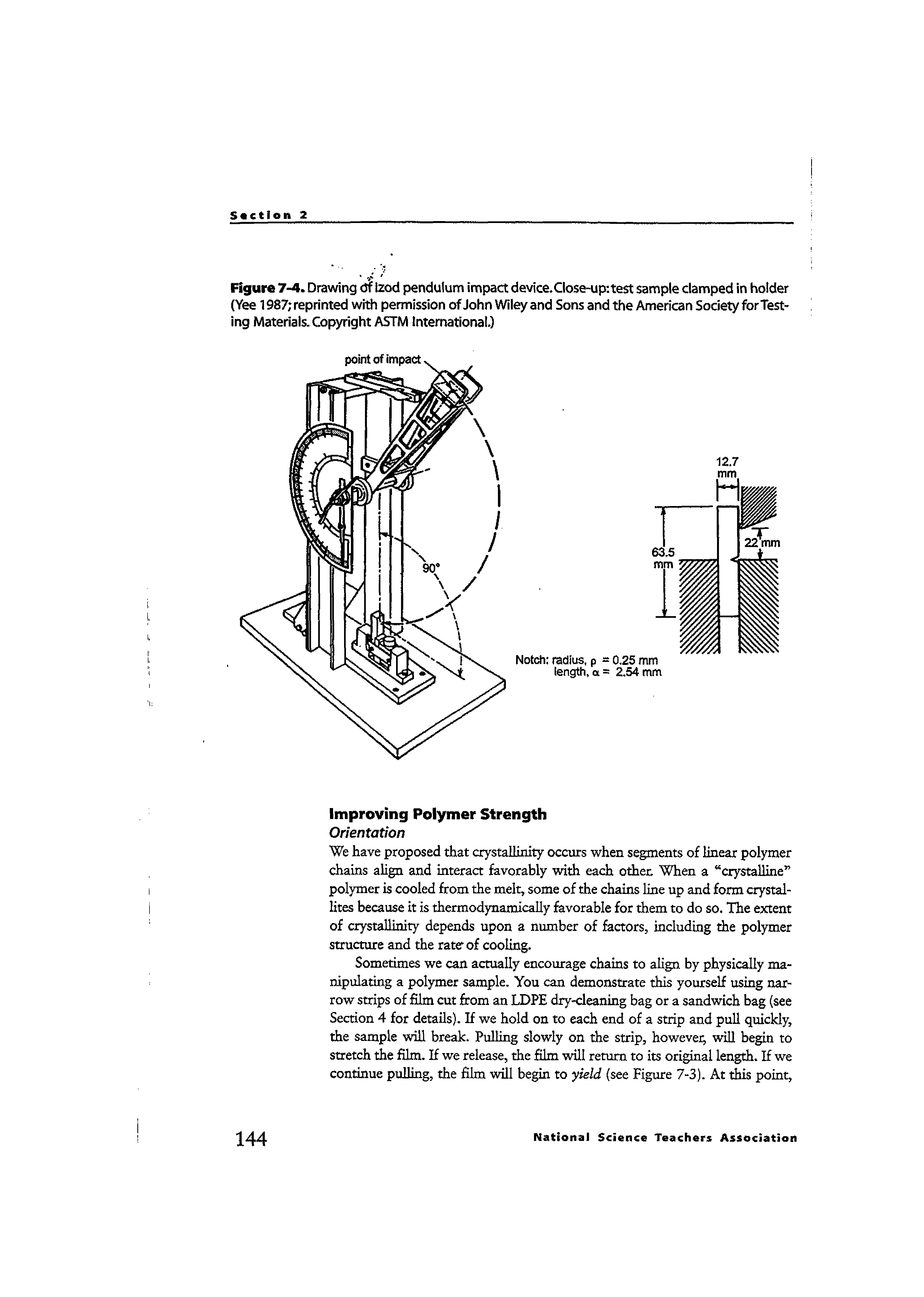 Figure 7-4. Drawing d Izod pendulum impact device. Close-up test sample clamped in holder (Yee 1987 reprinted with permission of John Wiley and Sons and the American Society for Testing Materials. Copyright ASTM International.)...