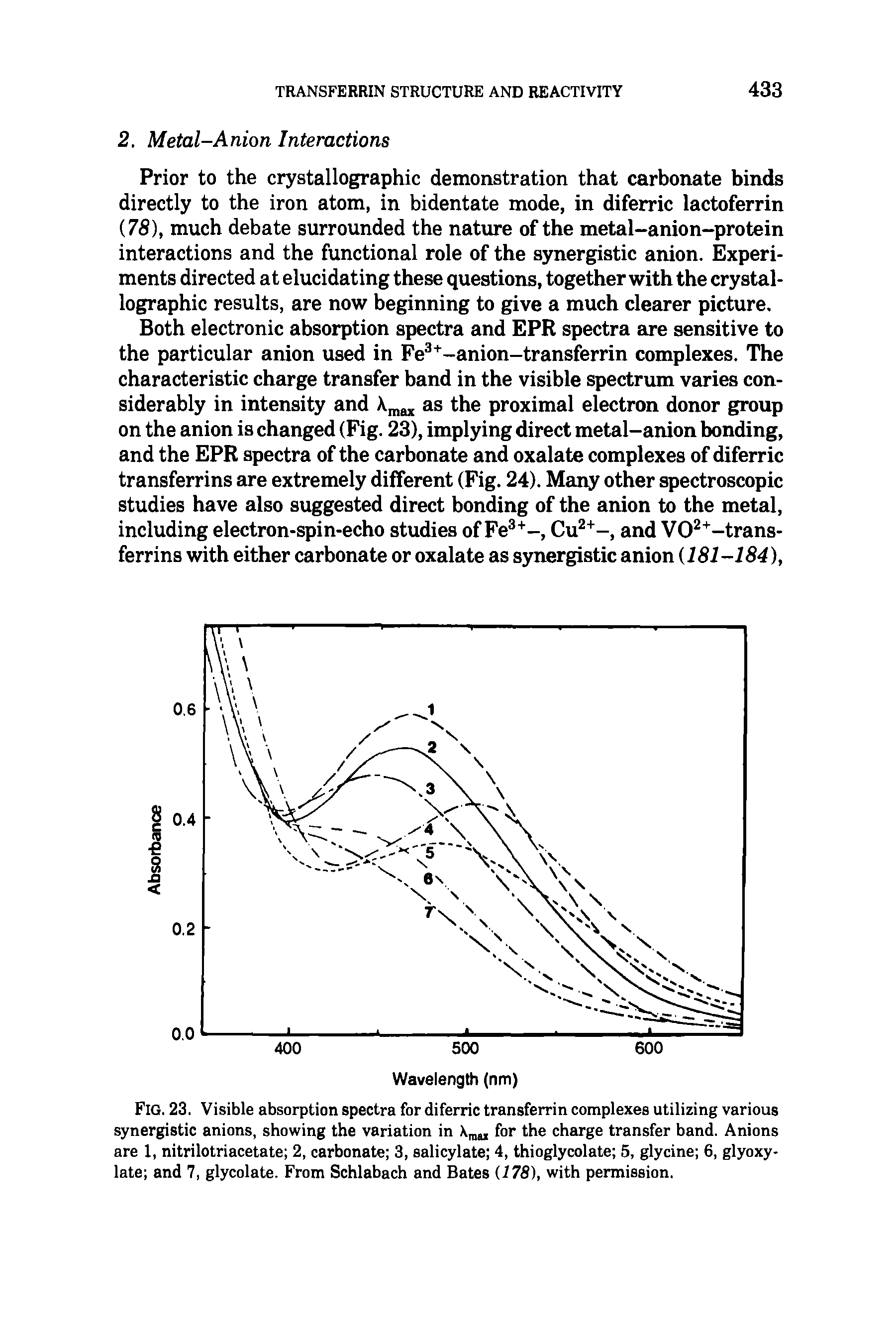 Fig. 23. Visible absorption spectra for diferric transferrin complexes utilizing various synergistic anions, showing the variation in mal for the charge transfer band. Anions are 1, nitrilotriacetate 2, carbonate 3, salicylate 4, thioglycolate 5, glycine 6, glyoxy-late and 7, glycolate. From Schlabach and Bates (178), with permission.