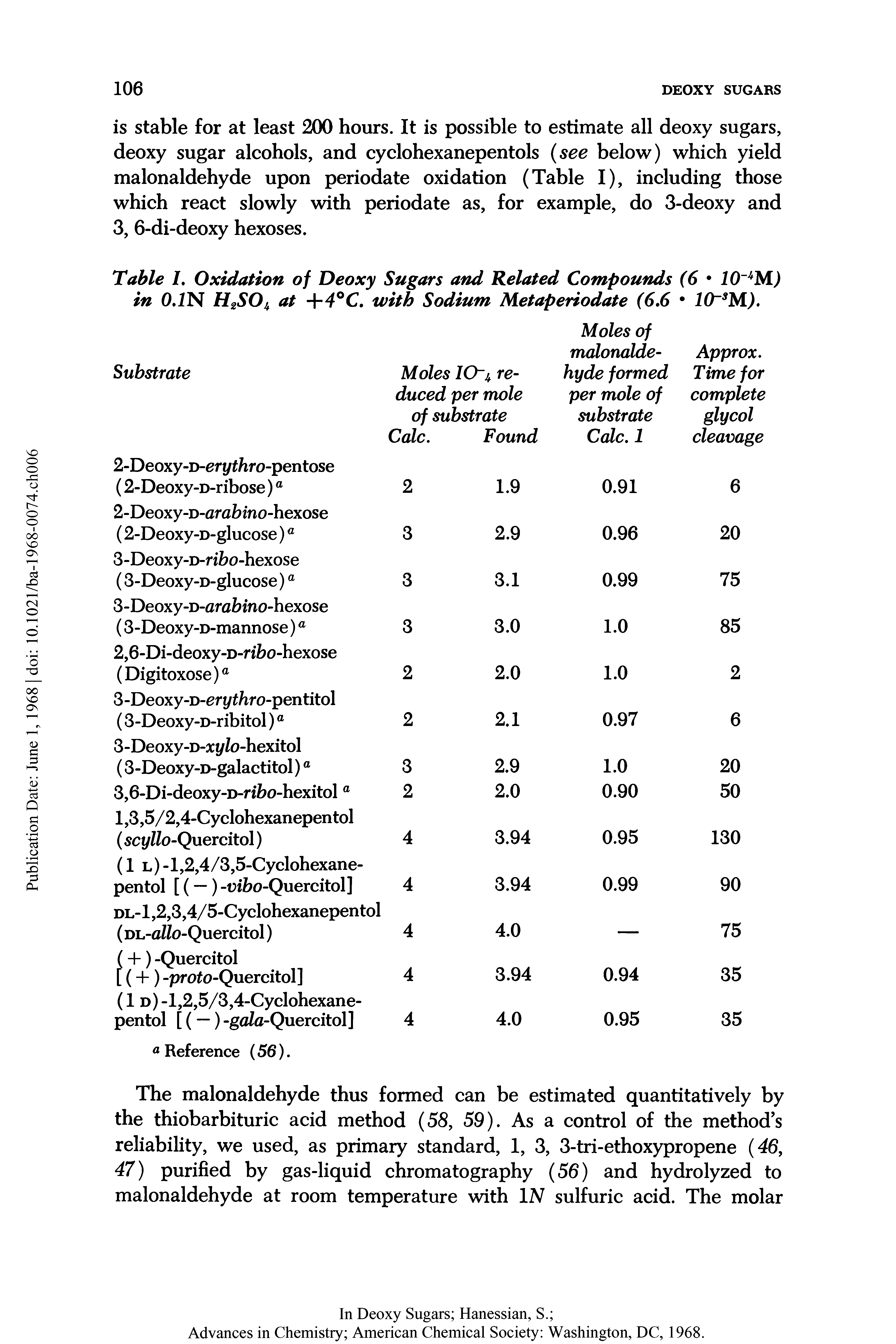 Table I. Oxidation of Deoxy Sugars and Related Compounds (6 10 M) in 0.1 N H2SOu at +4°C. with Sodium Metaperiodate (6.6 10 sM).
