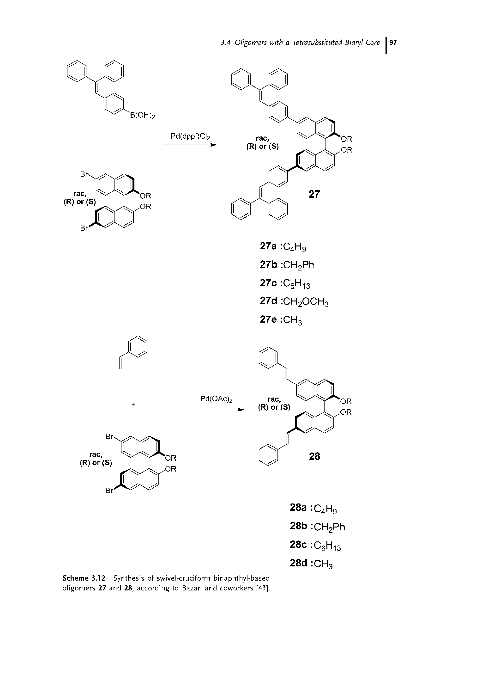 Scheme 3.12 Synthesis of swivel-cruciform binaphthyl-based oligomers 27 and 28, according to Bazan and coworkers [43].