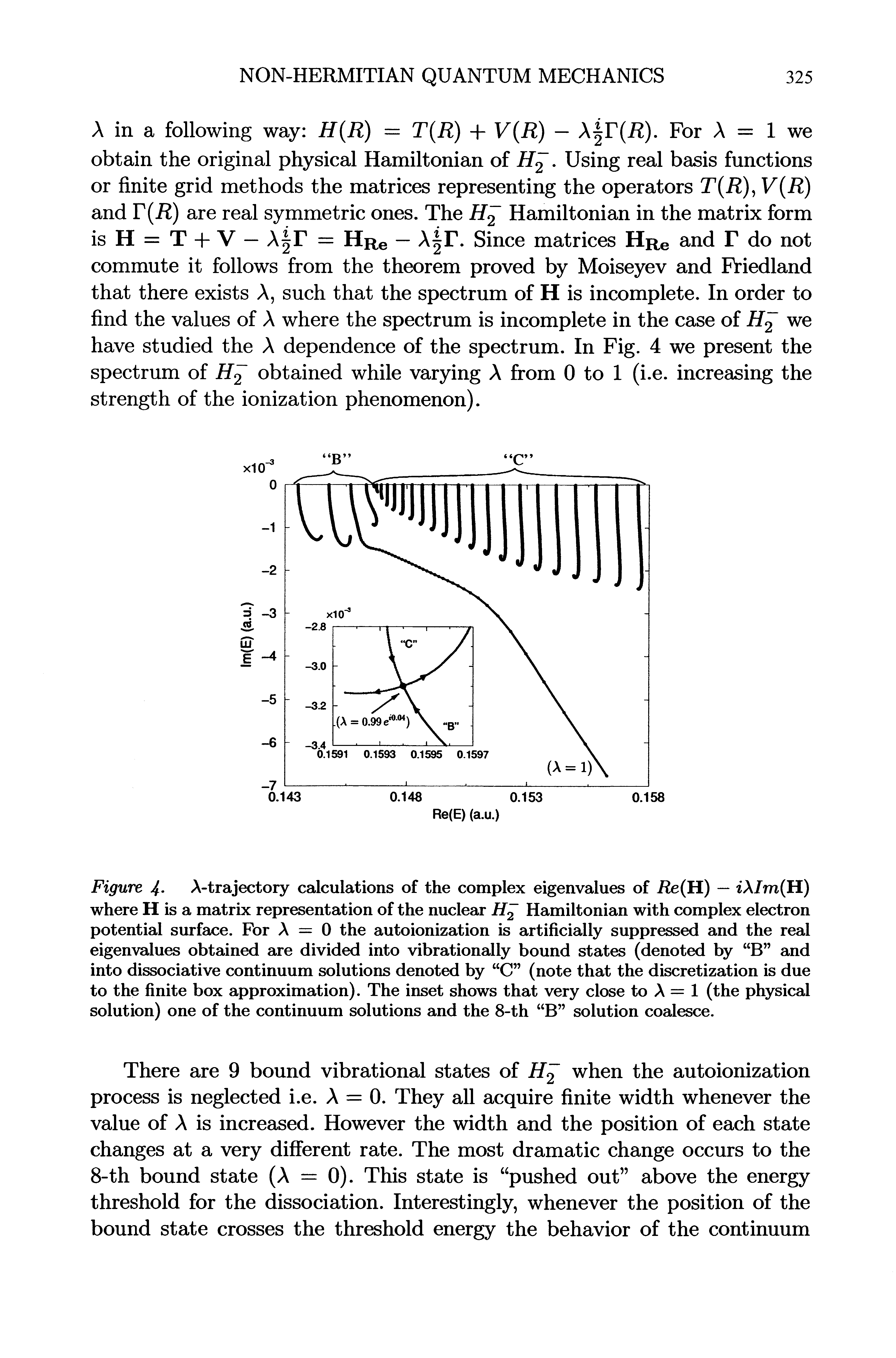 Figure 4- A-trajectory calculations of the complex eigenvalues of Re H) — tA/m(H) where H is a matrix representation of the nuclear Hamiltonian with complex electron potential surface. For A = 0 the autoionization is artificially suppressed and the real eigenvalues obtained are divided into vibrationally bound states (denoted by B and into dissociative continuum solutions denoted by C (note that the discretization is due to the finite box approximation). The inset shows that very close to A = 1 (the physical solution) one of the continuum solutions and the 8-th B solution coalesce.