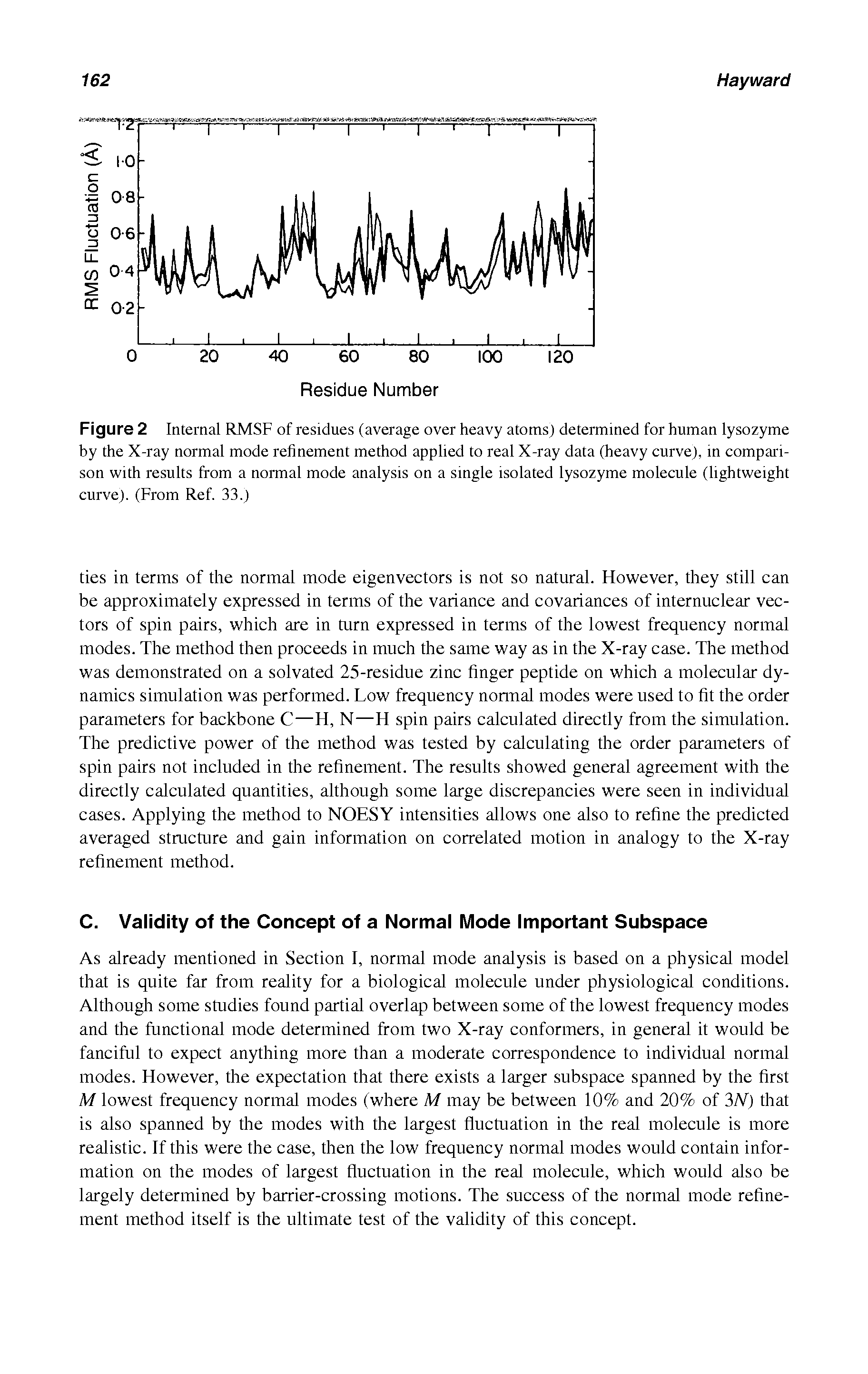 Figure 2 Internal RMSF of residues (average over heavy atoms) determined for human lysozyme by the X-ray normal mode refinement method applied to real X-ray data (heavy curve), m comparison with results from a normal mode analysis on a single isolated lysozyme molecule (lightweight curve). (From Ref. 33.)...