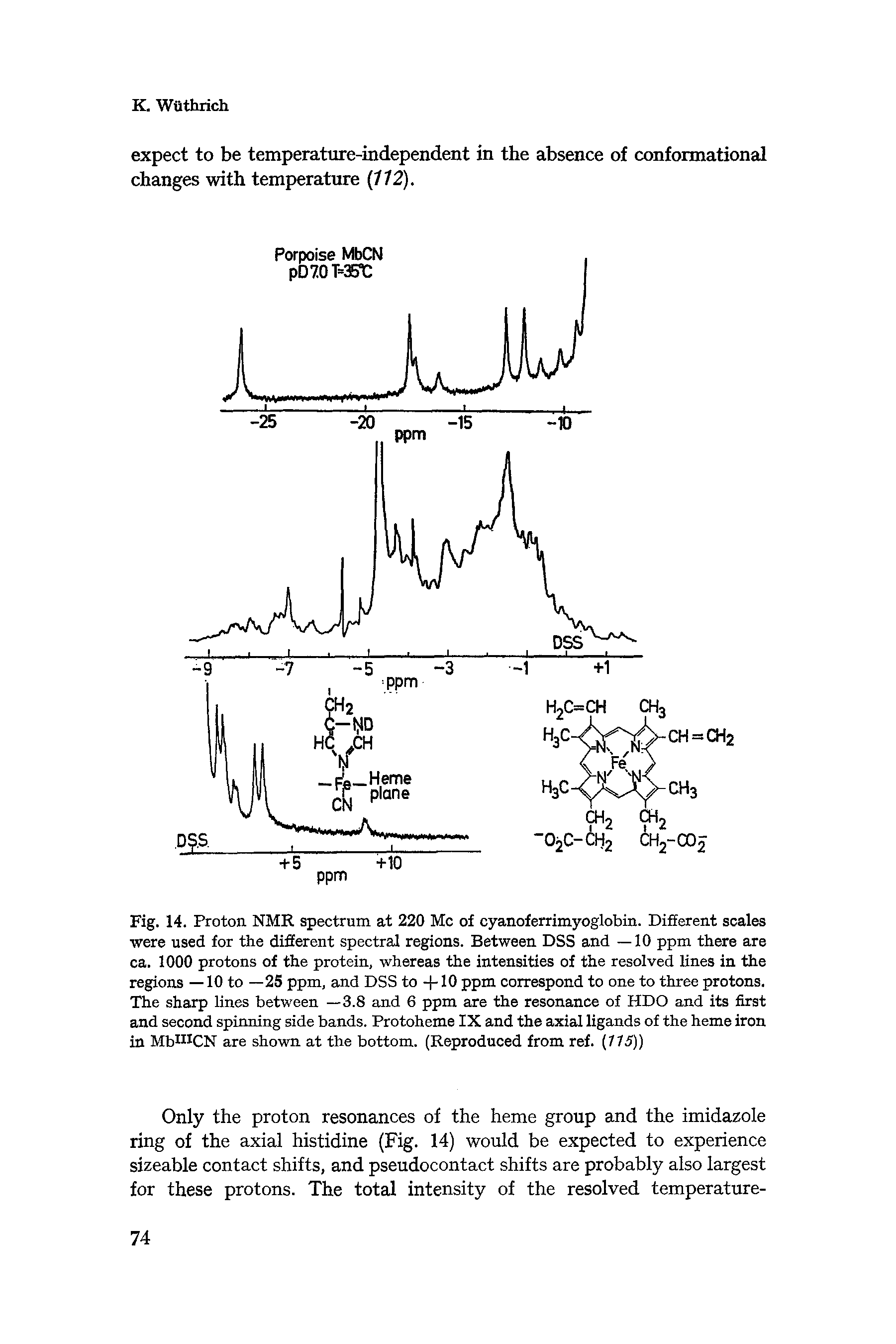Fig. 14. Proton NMR spectrum at 220 Me of cyanoferrimyoglobin. Different scales were used for the different spectral regions. Between DSS and —10 ppm there are ca. 1000 protons of the protein, whereas the intensities of the resolved lines in the regions —10 to —25 ppm, and DSS to +10 ppm correspond to one to three protons. The sharp lines between —3.8 and 6 ppm are the resonance of HDO and its first and second spinning side bands. Protoheme IX and the axial ligands of the heme iron in MbUICN are shown at the bottom. (Reproduced from ref. (115))...