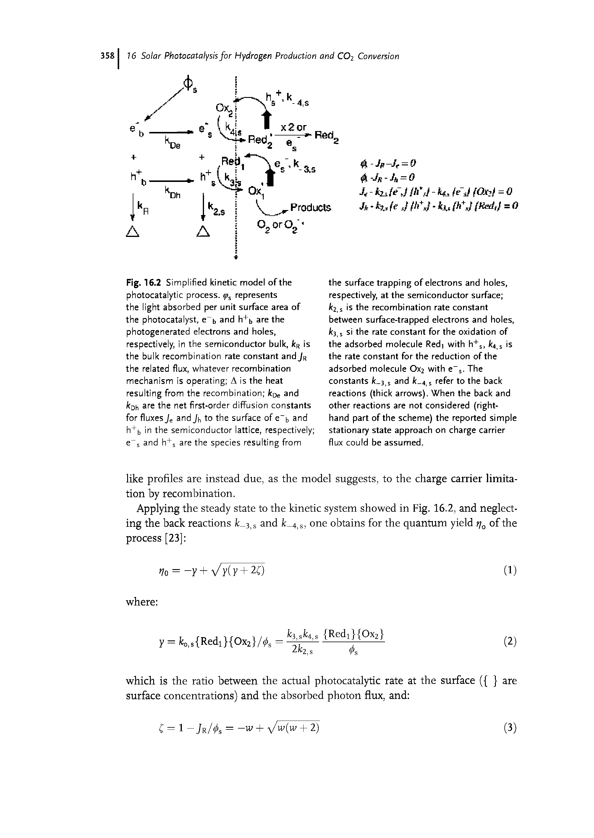 Fig. 16.2 Simplified kinetic model of the photocatalytic process. ps represents the light absorbed per unit surface area of the photocatalyst, e b and h+b are the photogenerated electrons and holes, respectively, in the semiconductor bulk, kR is the bulk recombination rate constant and /R the related flux, whatever recombination mechanism is operating A is the heat resulting from the recombination kDe and kDh are the net first-order diffusion constants for fluxes Je and Jh to the surface of e b and h+b in the semiconductor lattice, respectively e s and h+s are the species resulting from...