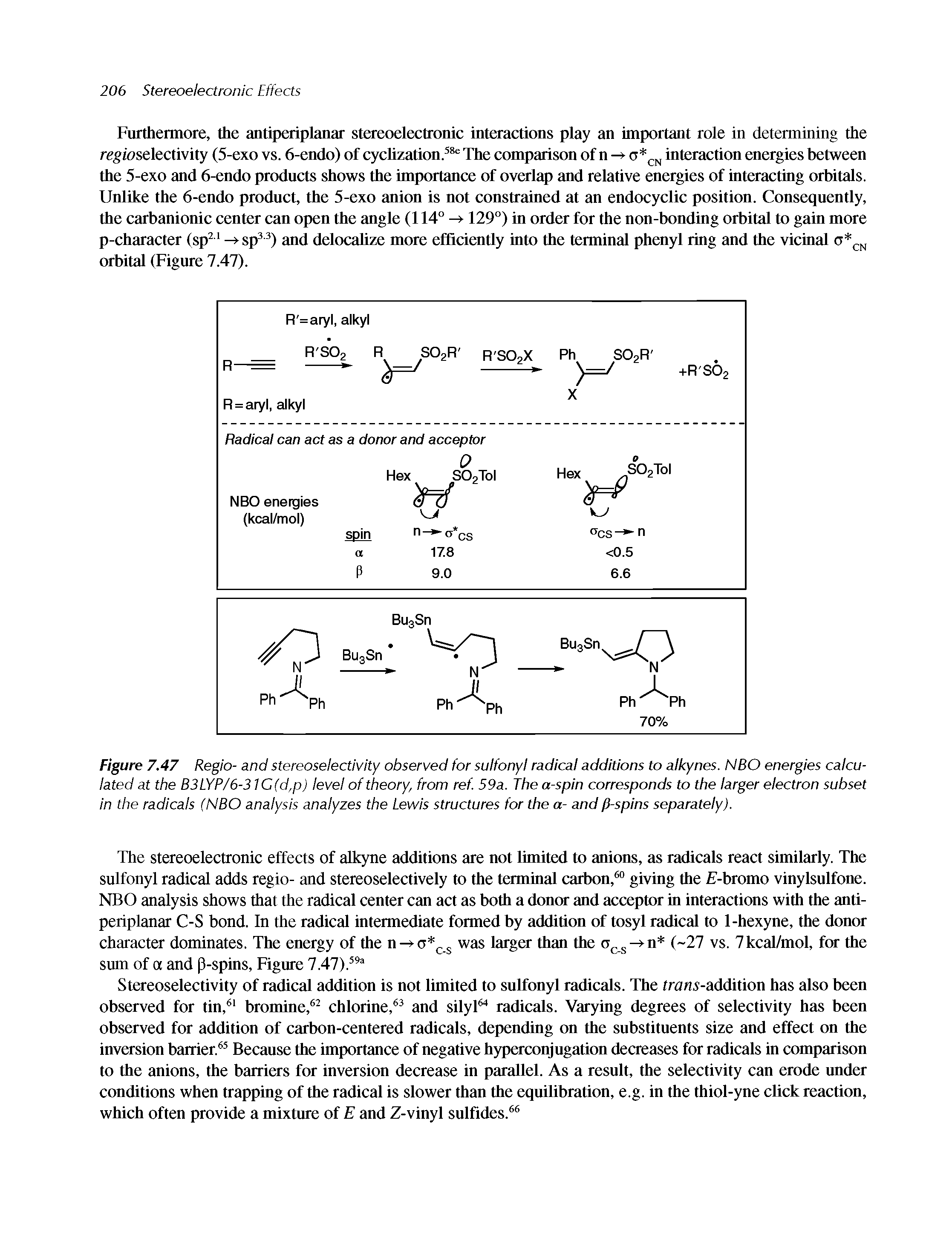 Figure 7.47 Regio- and stereoselectivity observed for sulfonyl radical additions to alkynes. NBO energies calculated at the B3LYP/6-31C(d,p) level of theory, from ref. 59a. The a-spin corresponds to the larger electron subset in the radicals (NBO analysis analyzes the Lewis structures for the a- and fi-spins separately).