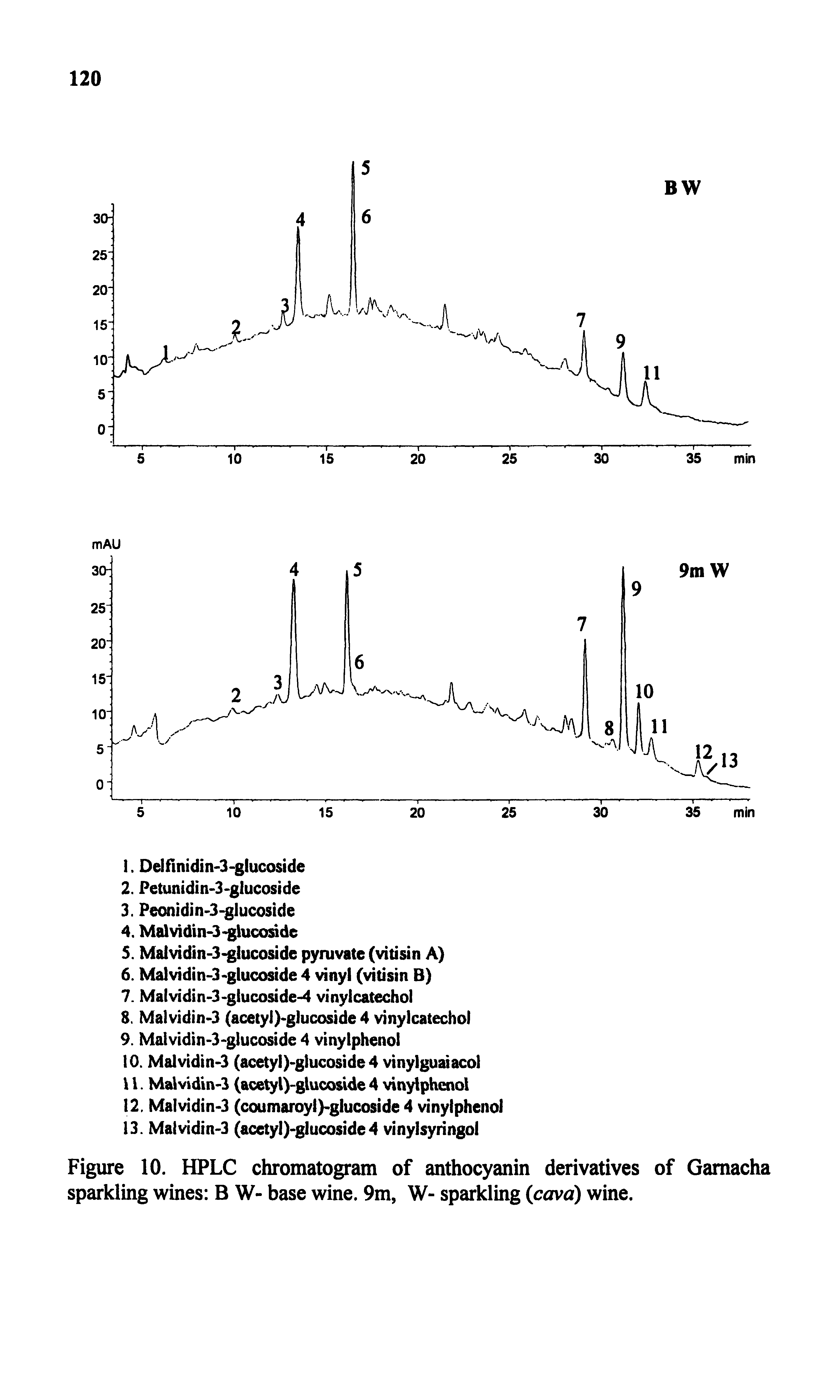 Figure 10. HPLC chromatogram of anthocyanin derivatives of Gamacha sparkling wines B W- base wine. 9m, W- sparkling (cava) wine.