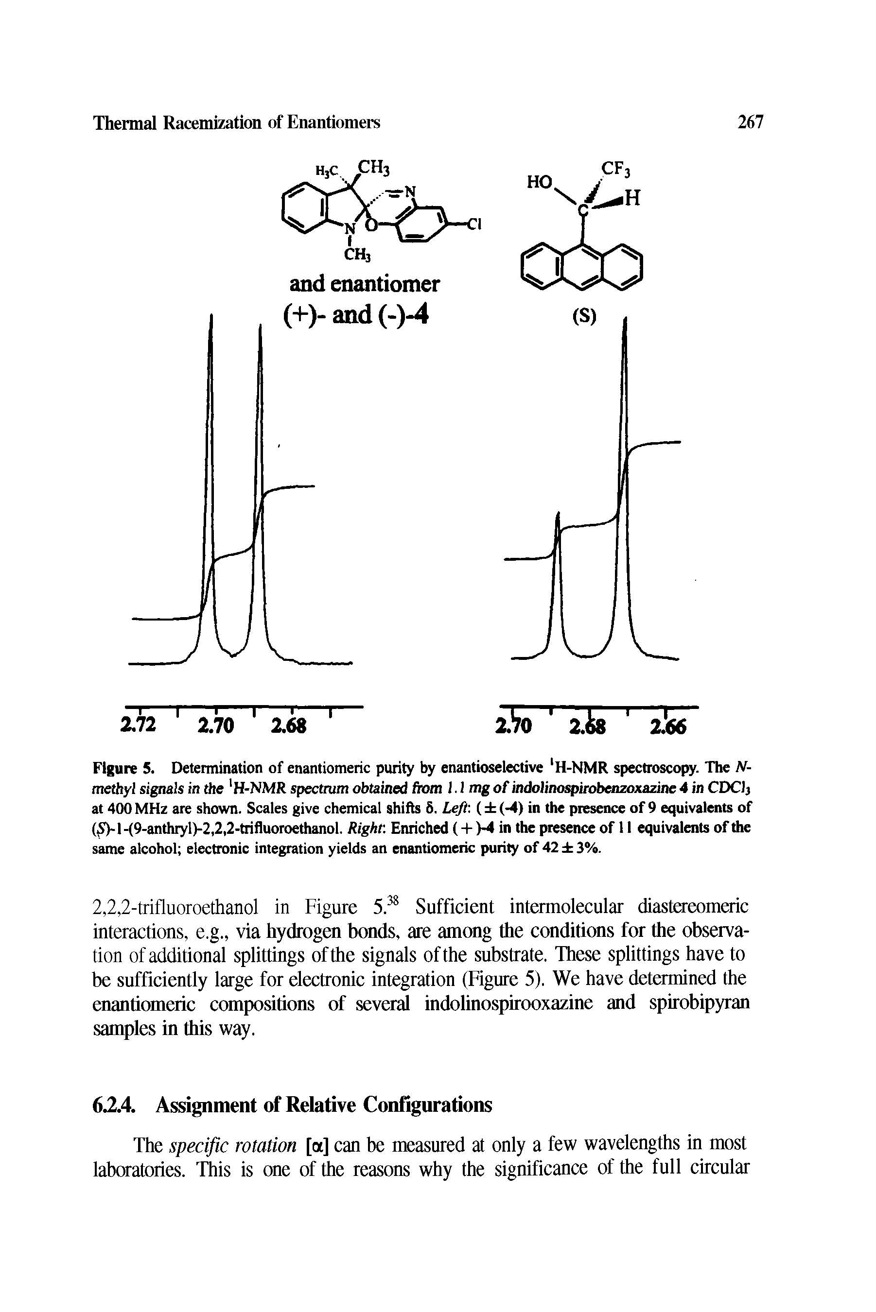 Figure 5. Determination of enantiomeric purity by enantioselective H-NMR spectroscopy. The N-methyl signals in the H-NMR spectrum obtained from 1.1 mg of indolinospirobenzoxazine 4 in CDClj at 400 MHz are shown. Scales give chemical shifts 5. Left ( (-4) in the presence of 9 equivalents of (Sy 1 -(9-anthryl)-2,2,2-trifluoroethanol. Right Enriched (+ >4 in the presence of 11 equivalents of the same alcohol electronic integration yields an enantiomeric purity of 42 3%.