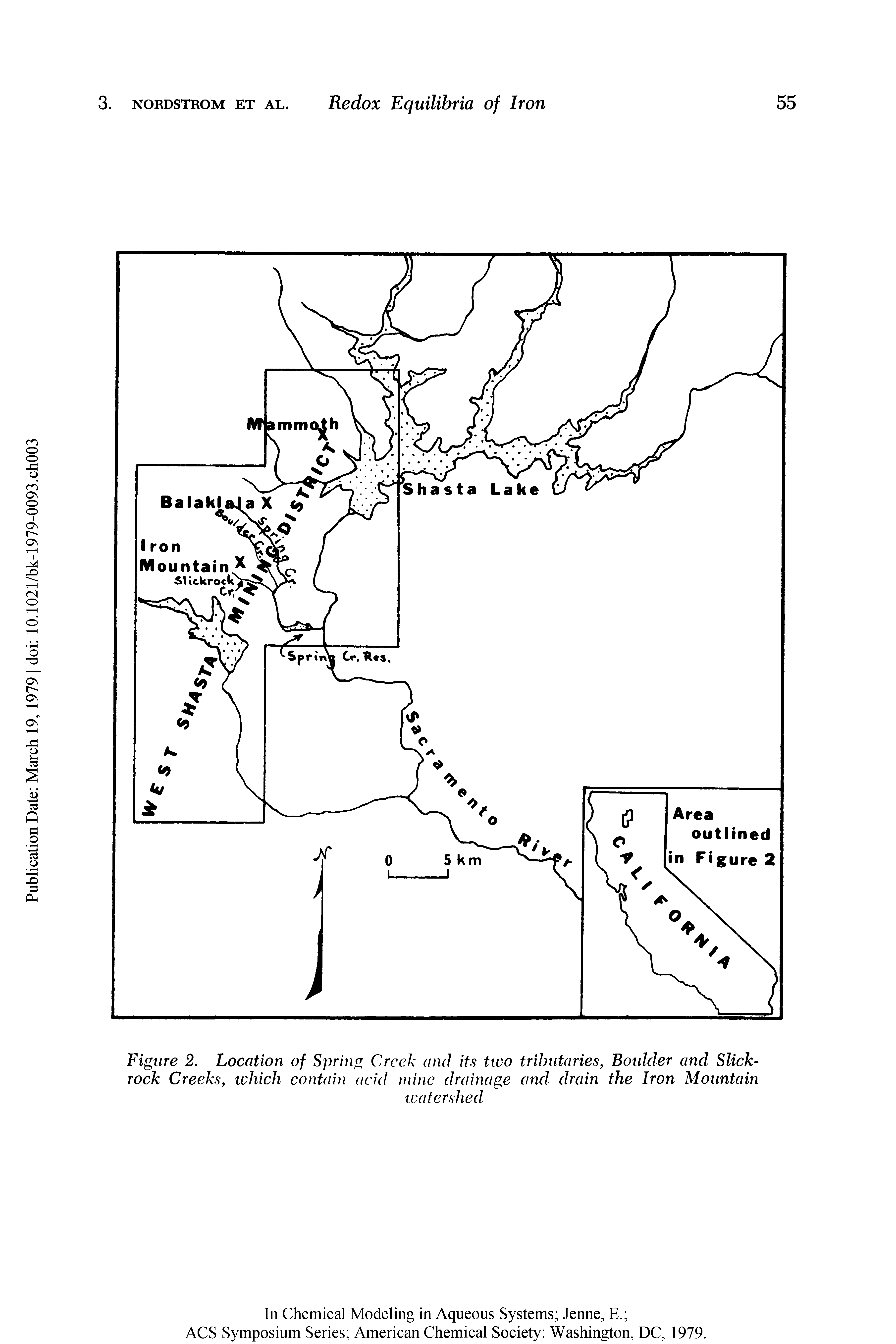 Figure 2. Location of Spring Creek and its two tributaries, Boulder and Slick-rock Creeks, which contain acid mine drainage and drain the Iron Mountain...