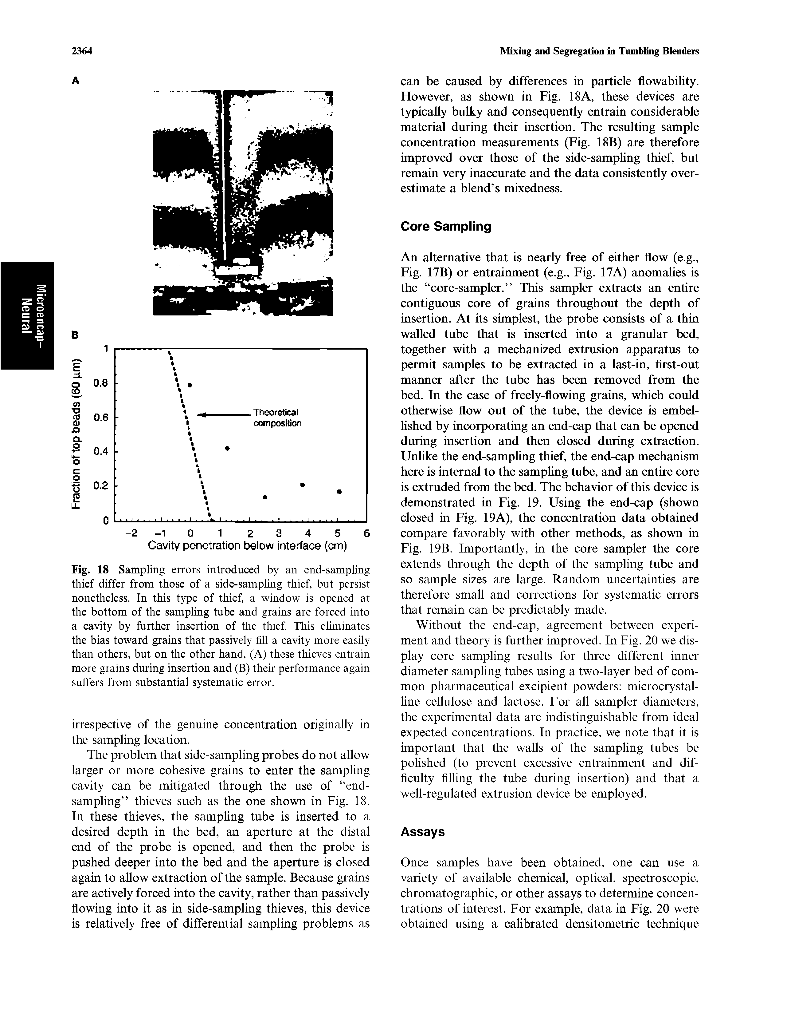 Fig. 18 Sampling errors introduced by an end-sampling thief differ from those of a side-sampling thief, but persist nonetheless. In this type of thief, a window is opened at the bottom of the sampling tube and grains are forced into a cavity by further insertion of the thief This eliminates the bias toward grains that passively fill a cavity more easily than others, but on the other hand, (A) these thieves entrain more grains during insertion and (B) their performance again suffers from substantial systematic error.