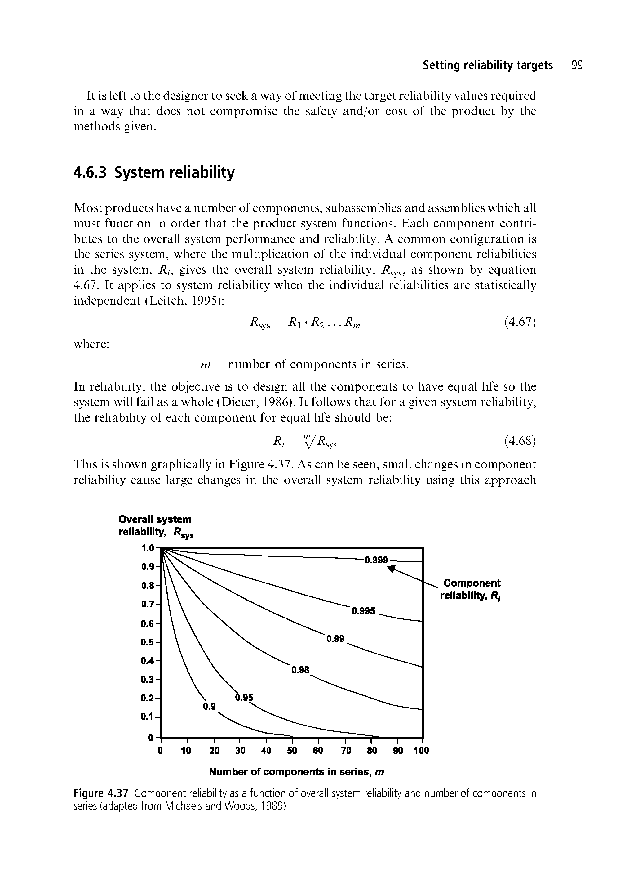 Figure 4.37 Component reliability as a function of overall system reliability and number of components in series (adapted from Michaels and Woods, 1989)...
