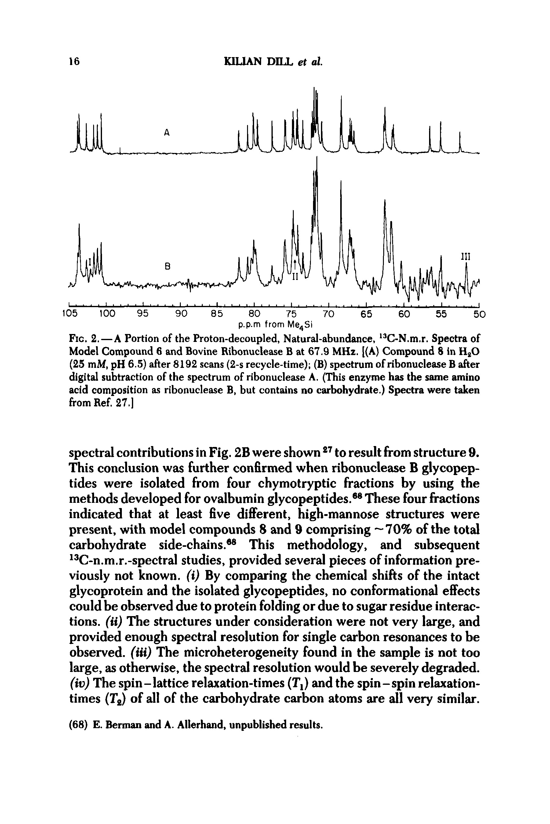 Fig. 2.—A Portion of the Proton-decoupled, Natural-abundance, 13C-N.m.r. Spectra of Model Compound 6 and Bovine Ribonuclease B at 67.9 MHz. [(A) Compound 8 in HzO (25 mM, pH 6.5) after 8192 scans (2-s recycle-time) (B) spectrum of ribonuclease B after digital subtraction of the spectrum of ribonuclease A. (This enzyme has the same amino acid composition as ribonuclease B, but contains no carbohydrate.) Spectra were taken from Ref. 27.1...