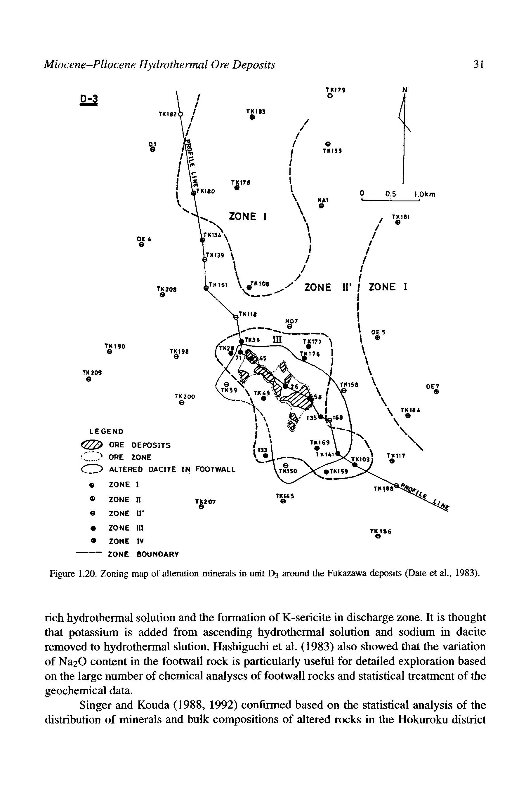 Figure 1.20. Zoning map of alteration minerals in unit D3 around the Fukazawa deposits (Date et al., 1983).
