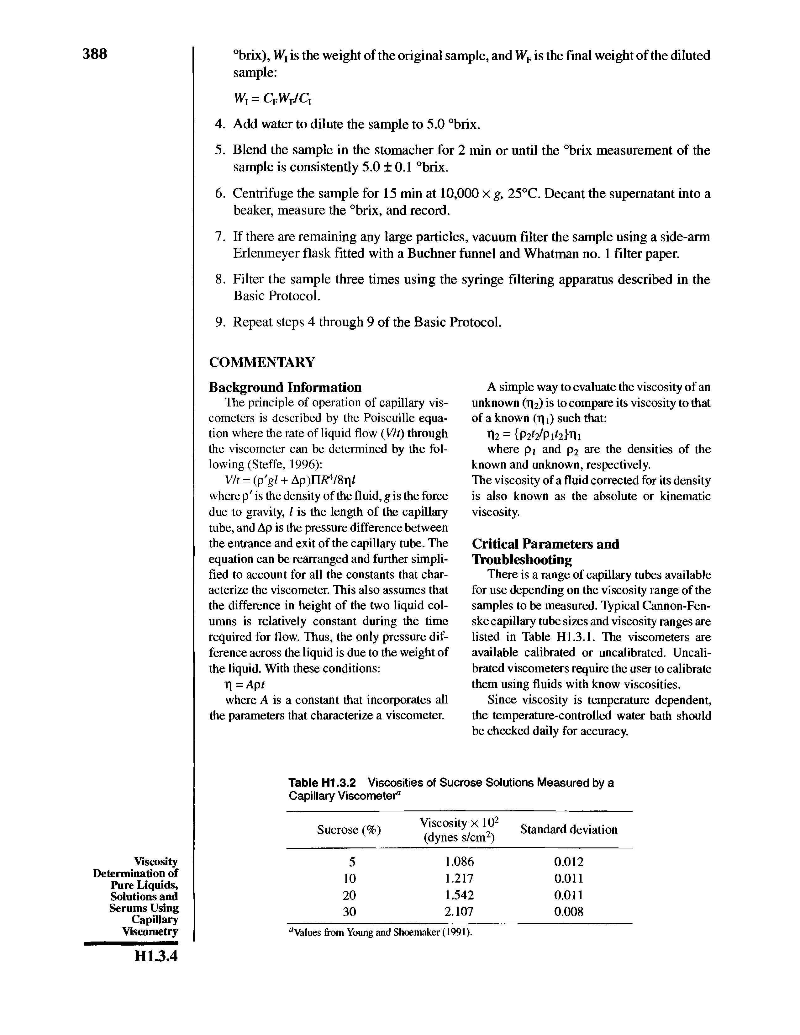 Table H1.3.2 Viscosities of Sucrose Solutions Measured by a Capillary Viscometer"...