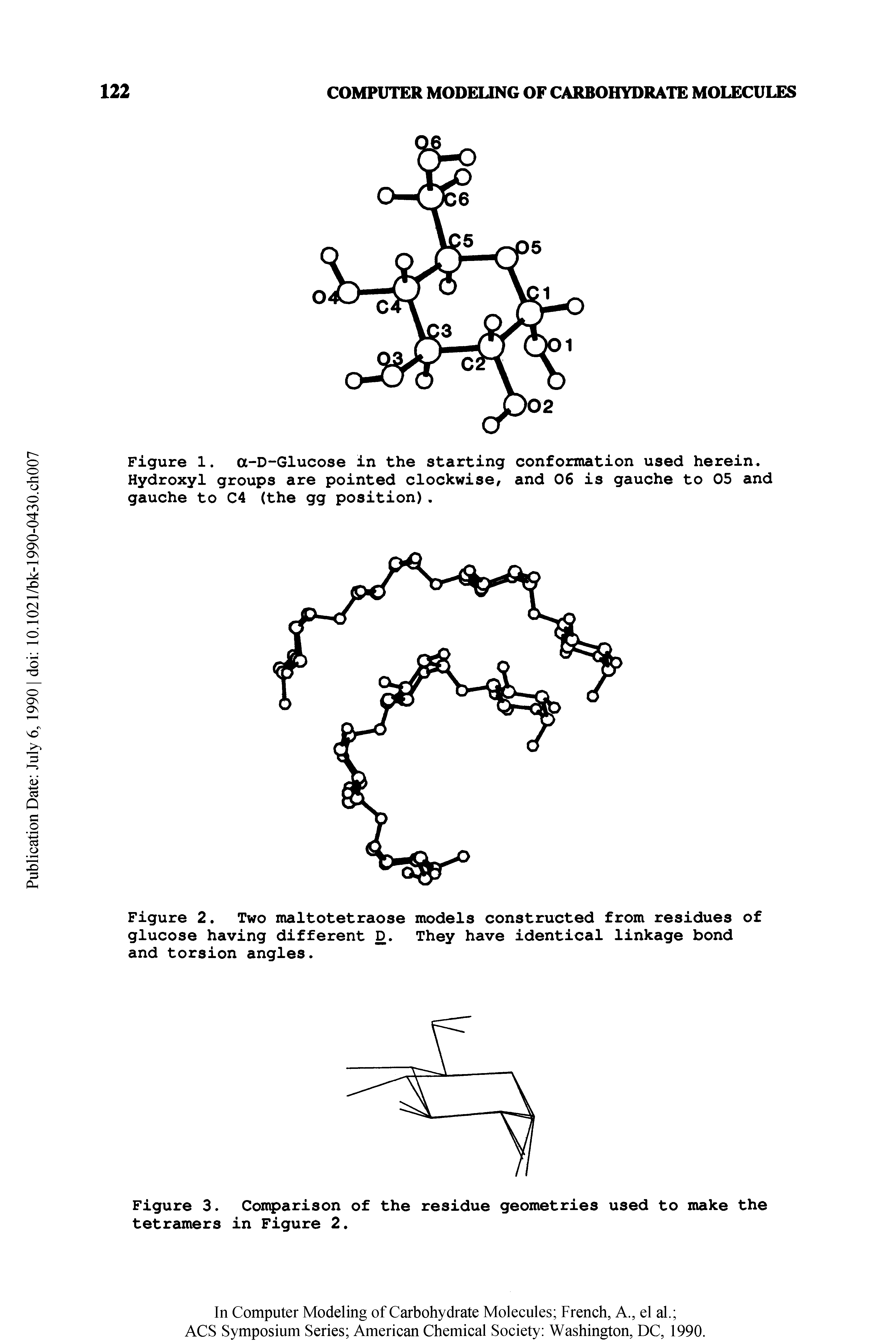 Figure 2. Two maltotetraose models constructed from residues of glucose having different D. They have identical linkage bond and torsion angles.
