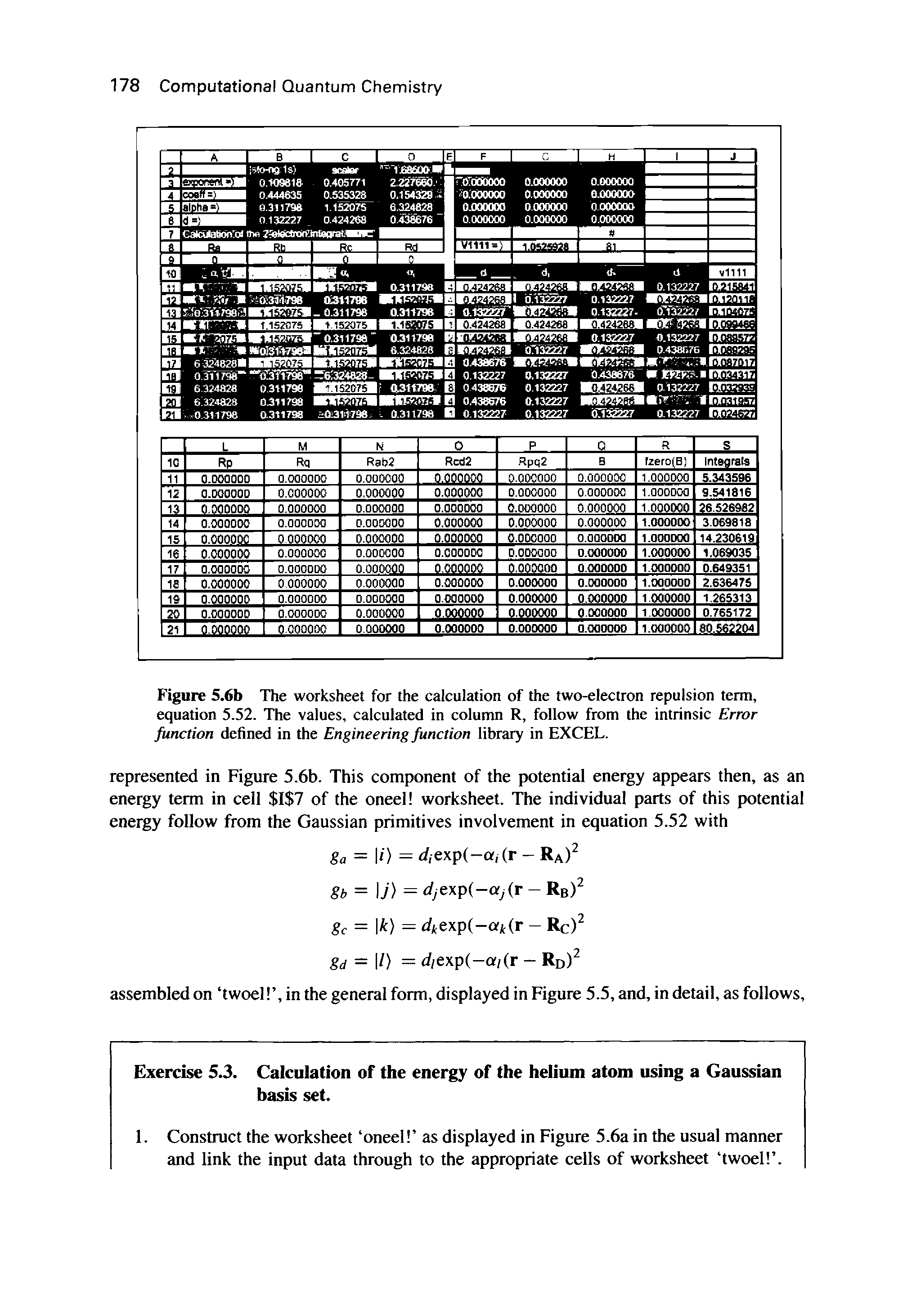 Figure 5.6b The worksheet for the calculation of the two-electron repulsion term, equation 5.52. The values, calculated in column R, follow from the intrinsic Error function defined in the Engineering function library in EXCEL.
