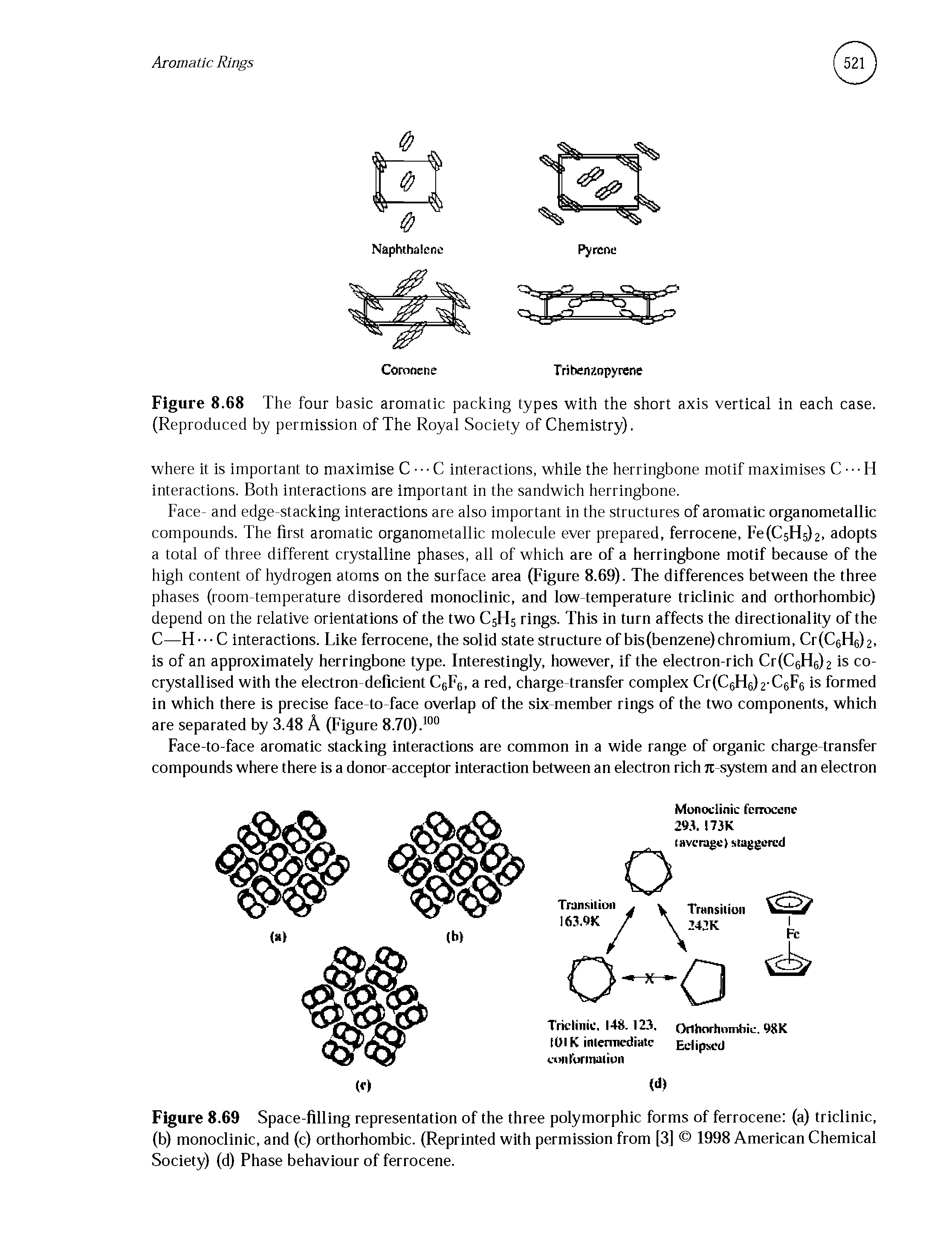 Figure 8.69 Space-filling representation of the three polymorphic forms of ferrocene (a) triclinic, (b) monoclinic, and (c) orthorhombic. (Reprinted with permission from [3] 1998 American Chemical Society) (d) Phase behaviour of ferrocene.