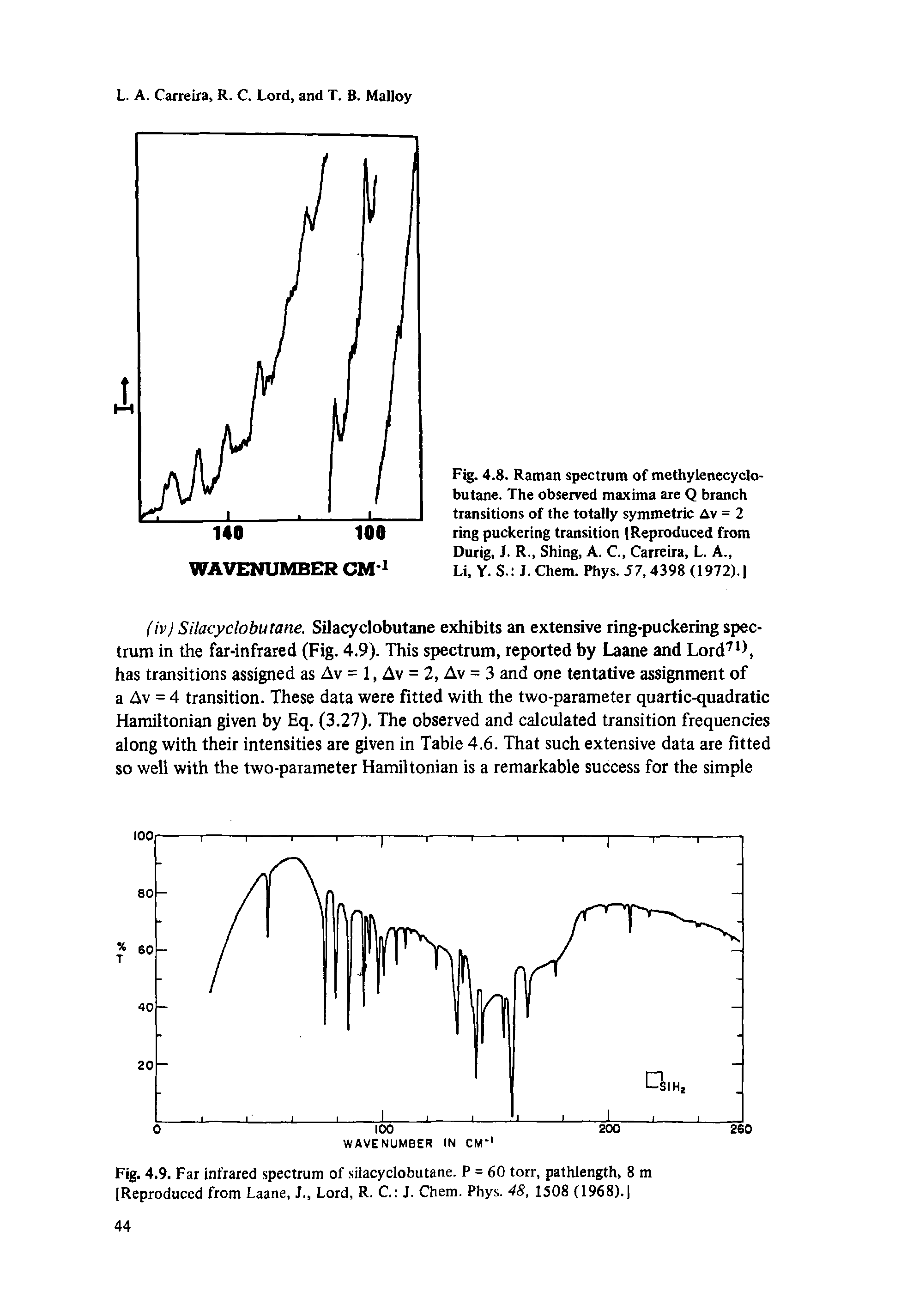 Fig. 4.8. Raman spectrum of methylenecyclo-butane. The observed maxima are Q branch transitions of the totally symmetric Av = 2 ring puckering transition (Reproduced from Durig, J. R., Shing, A. C., Carreira, L. A.,...