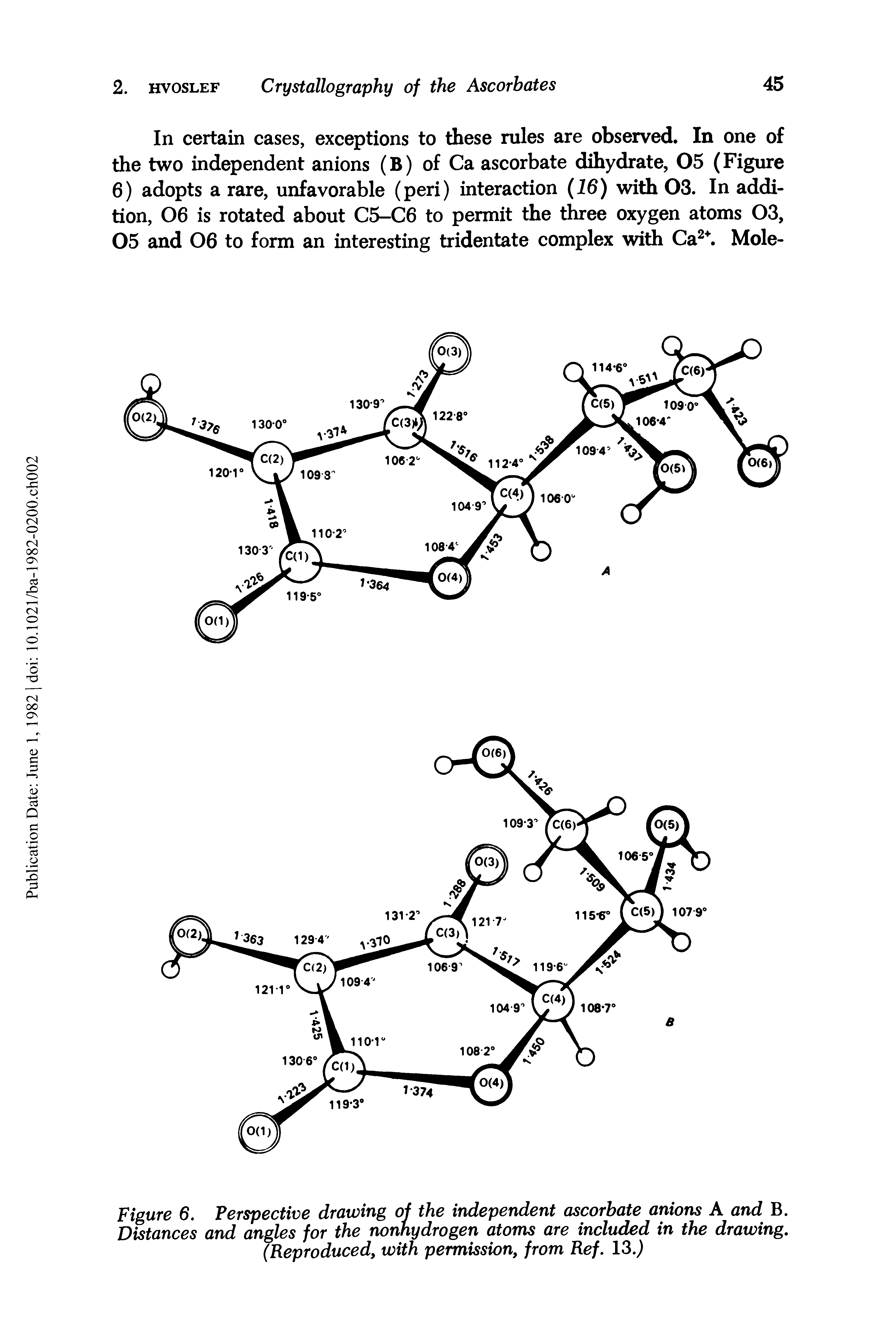 Figure 6. Perspective drawing of the independent ascorbate anions A and B. Distances and angles for the nonhydrogen atoms are included in the drawing. (Reproduced, with permission, from Ref. 13. ...