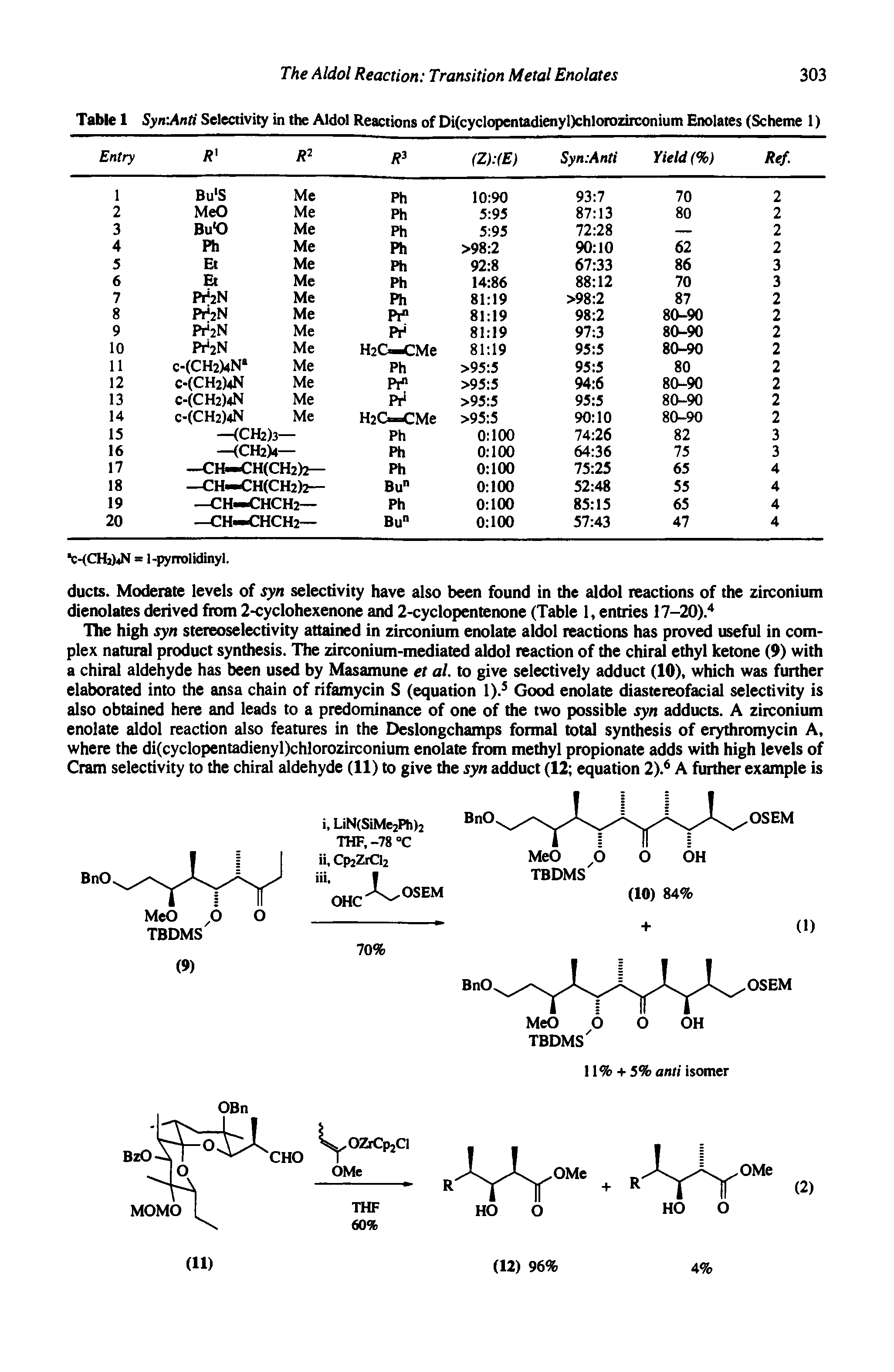 Table 1 Syn Anti Selectivity in the Aldol Reactions of Di(cyclopentadienyOchlorozirconium Enolates (Scheme 1)...