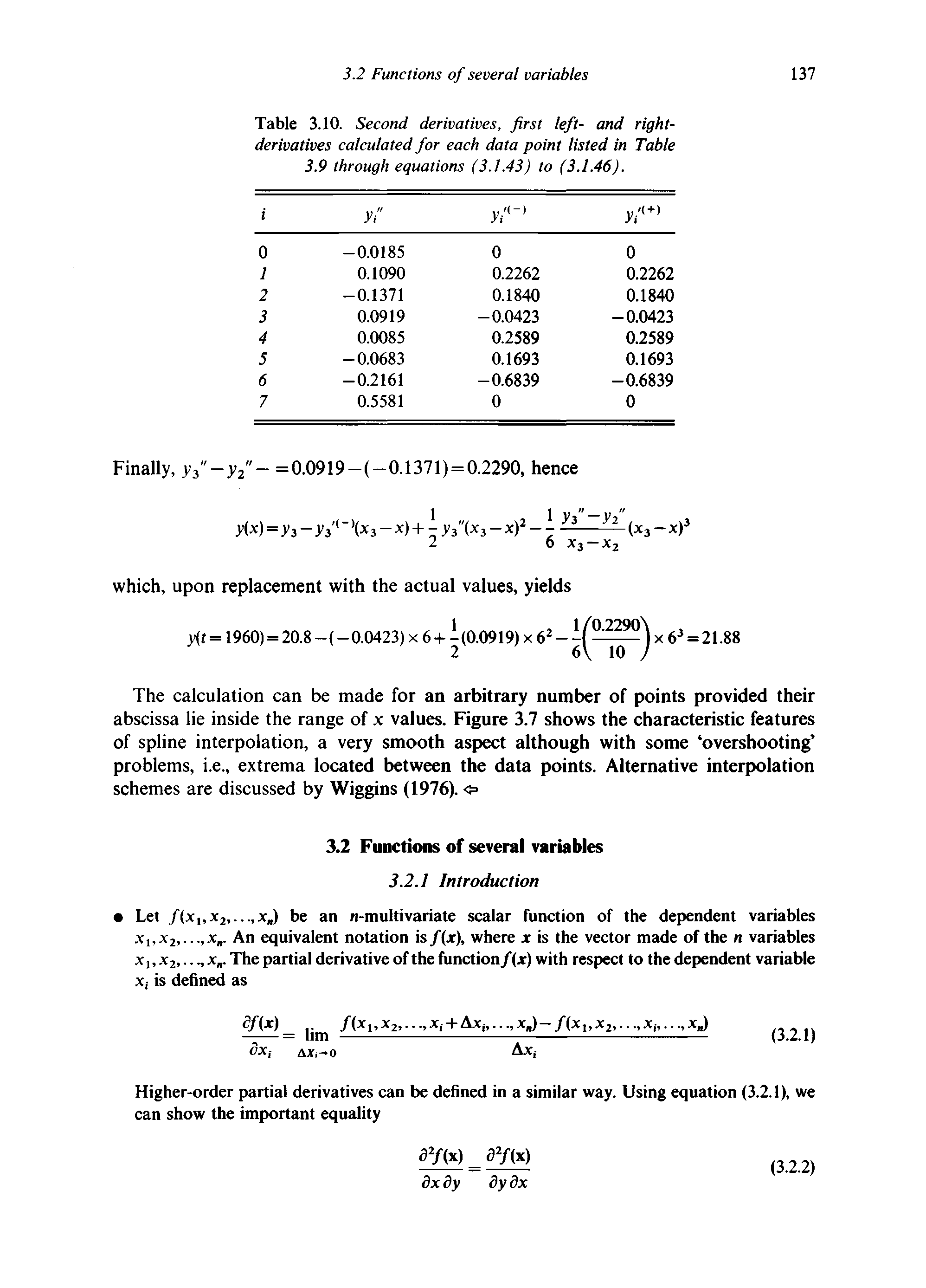 Table 3.10. Second derivatives, first left- and right-derivatives calculated for each data point listed in Table 3.9 through equations (3.1.43) to (3.1.46).